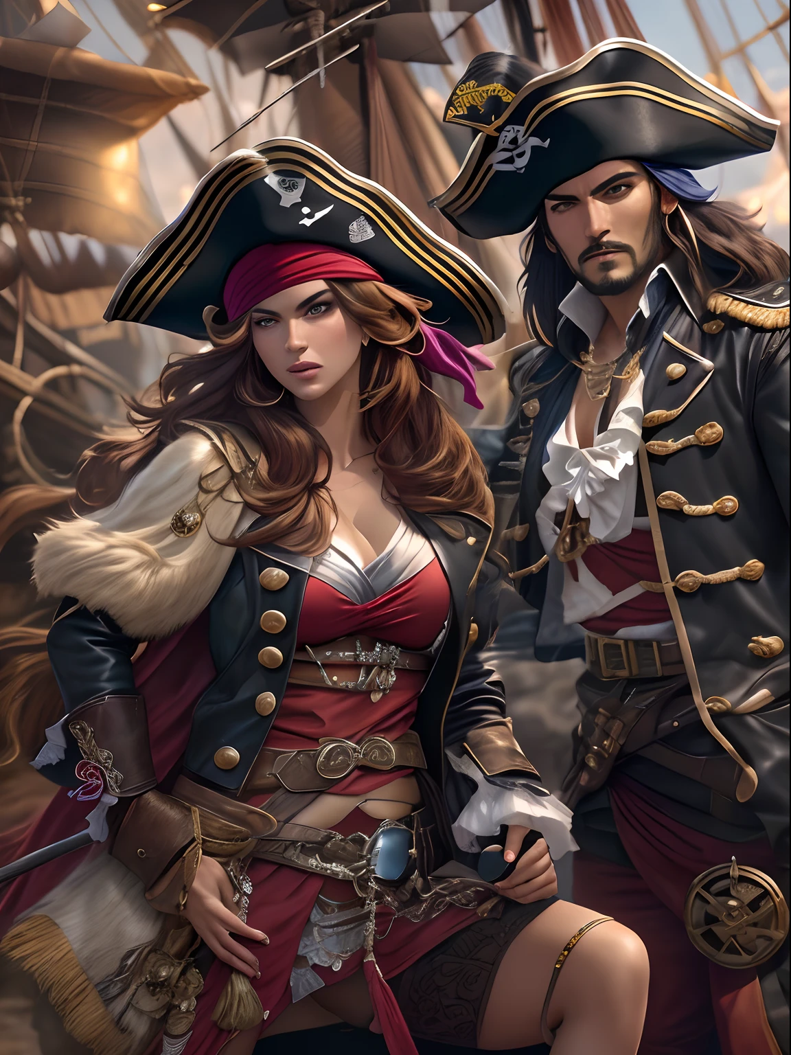 (masutepiece, Fascinating depiction of sexy pirates dressed as seductive pirates:1.3), (Captivating depictions that exude the perfect blend of glamour and adventure:1.2), (Meticulosamente trabalhada para destacar o charme cativante dos personagens:1.2), (Uma pirata sedutora em uma roupa de pirata encantadora que destaca sua figura:1.1), (Balance classic pirate elements with a modern touch of sensuality:1.1), (His confident and bold expression is、increasing its enigmatic charm:1.1), (Attention was paid to the details of the outfit, From low neck to complex accessories:1.1), (Background that captures the essence of the pirate world, Com tesouros e dicas de aventura:1.1), (By embracing sensuality、Depictions that evoke a sense of intrigue and adventure:1.1), (The fusion of attractive aesthetics and the spirit of piracy is、Create visually captivating compositions:1.1), (Images that inspire viewers to imagine the story and escapades of this captivating pirate character:1.1), (Obra de arte que celebra a fantasia e o glamour de forma vibrante e cativante:1.1), (An invitation to embrace the charm of the high seas and the intriguing world of sexy pirates:1.1)), cinemactic, ultra-detalhada, detalhes insanos, Lindamente colorido, Motor irreal, graus de liberdade, Hyper-Resolution, Megapixel, cinematic lighthing, antialiasing, FKAA, TXAA, NFFSW, SSAO, postprocessed, post - production, Mapeamento de tons, ..cgi, VFX, Tokusatsu, insanamente detalhado e intrincado, Hiper maximalista, hyper realistic, volumetric, fotorrealista, ultra fotorreal, ultra-detalhado, detalhes intrincados, super detalhado, fulcolor, Volumetric lightning, NFFSW, Realistic, Motor irreal, 16 mil, foco nítido, octan render
