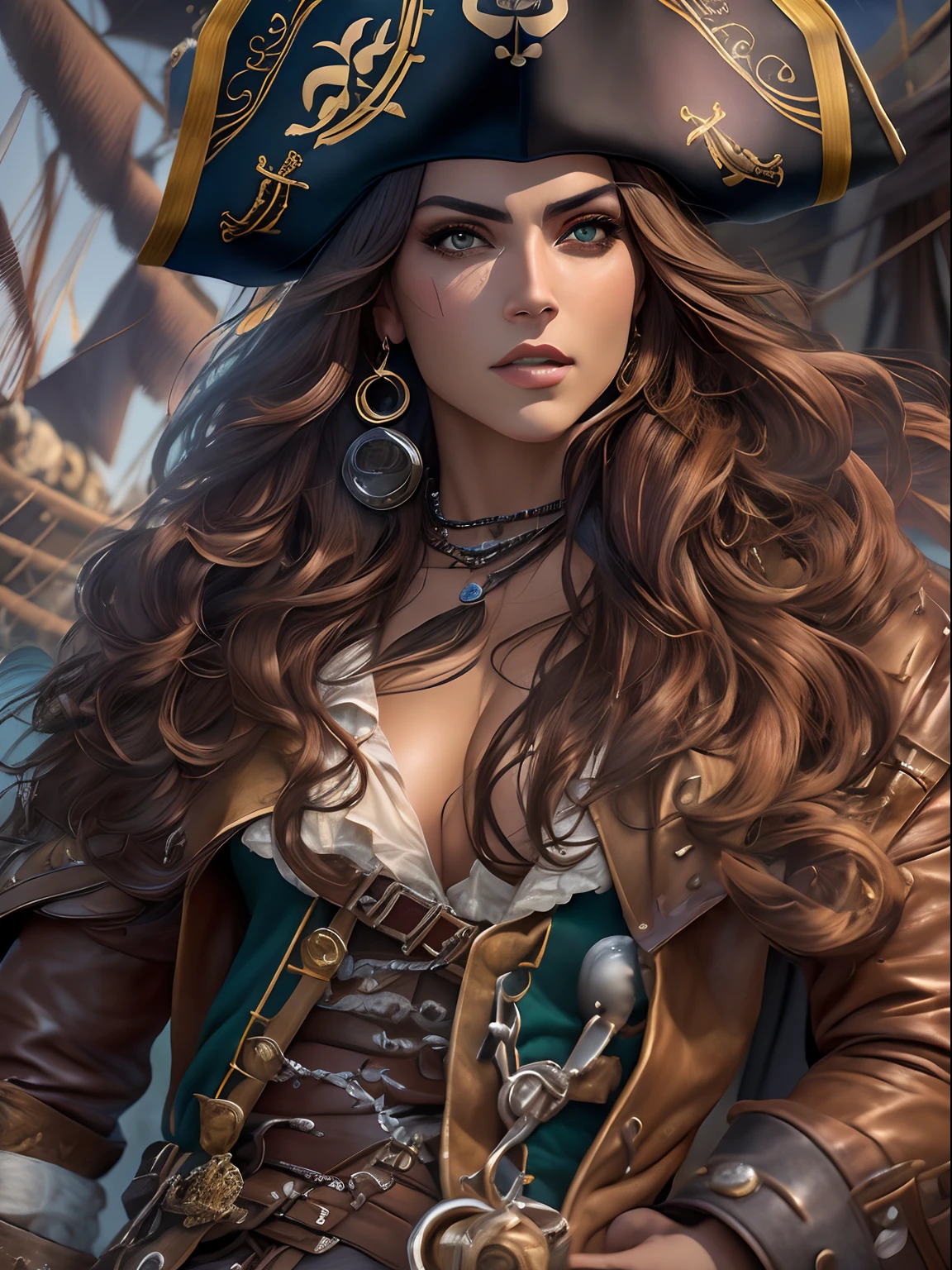 (masutepiece, Fascinating depiction of sexy pirates dressed as seductive pirates:1.3), (Captivating depictions that exude the perfect blend of glamour and adventure:1.2), (Meticulosamente trabalhada para destacar o charme cativante dos personagens:1.2), (Uma pirata sedutora em uma roupa de pirata encantadora que destaca sua figura:1.1), (Balance classic pirate elements with a modern touch of sensuality:1.1), (His confident and bold expression is、increasing its enigmatic charm:1.1), (Attention was paid to the details of the outfit, From low neck to complex accessories:1.1), (Background that captures the essence of the pirate world, Com tesouros e dicas de aventura:1.1), (By embracing sensuality、Depictions that evoke a sense of intrigue and adventure:1.1), (The fusion of attractive aesthetics and the spirit of piracy is、Create visually captivating compositions:1.1), (Images that inspire viewers to imagine the story and escapades of this captivating pirate character:1.1), (Obra de arte que celebra a fantasia e o glamour de forma vibrante e cativante:1.1), (An invitation to embrace the charm of the high seas and the intriguing world of sexy pirates:1.1)), cinemactic, ultra-detalhada, detalhes insanos, Lindamente colorido, Motor irreal, graus de liberdade, Hyper-Resolution, Megapixel, cinematic lighthing, antialiasing, FKAA, TXAA, NFFSW, SSAO, postprocessed, post - production, Mapeamento de tons, ..cgi, VFX, Tokusatsu, insanamente detalhado e intrincado, Hiper maximalista, hyper realistic, volumetric, fotorrealista, ultra fotorreal, ultra-detalhado, detalhes intrincados, super detalhado, fulcolor, Volumetric lightning, NFFSW, Realistic, Motor irreal, 16 mil, foco nítido, octan render