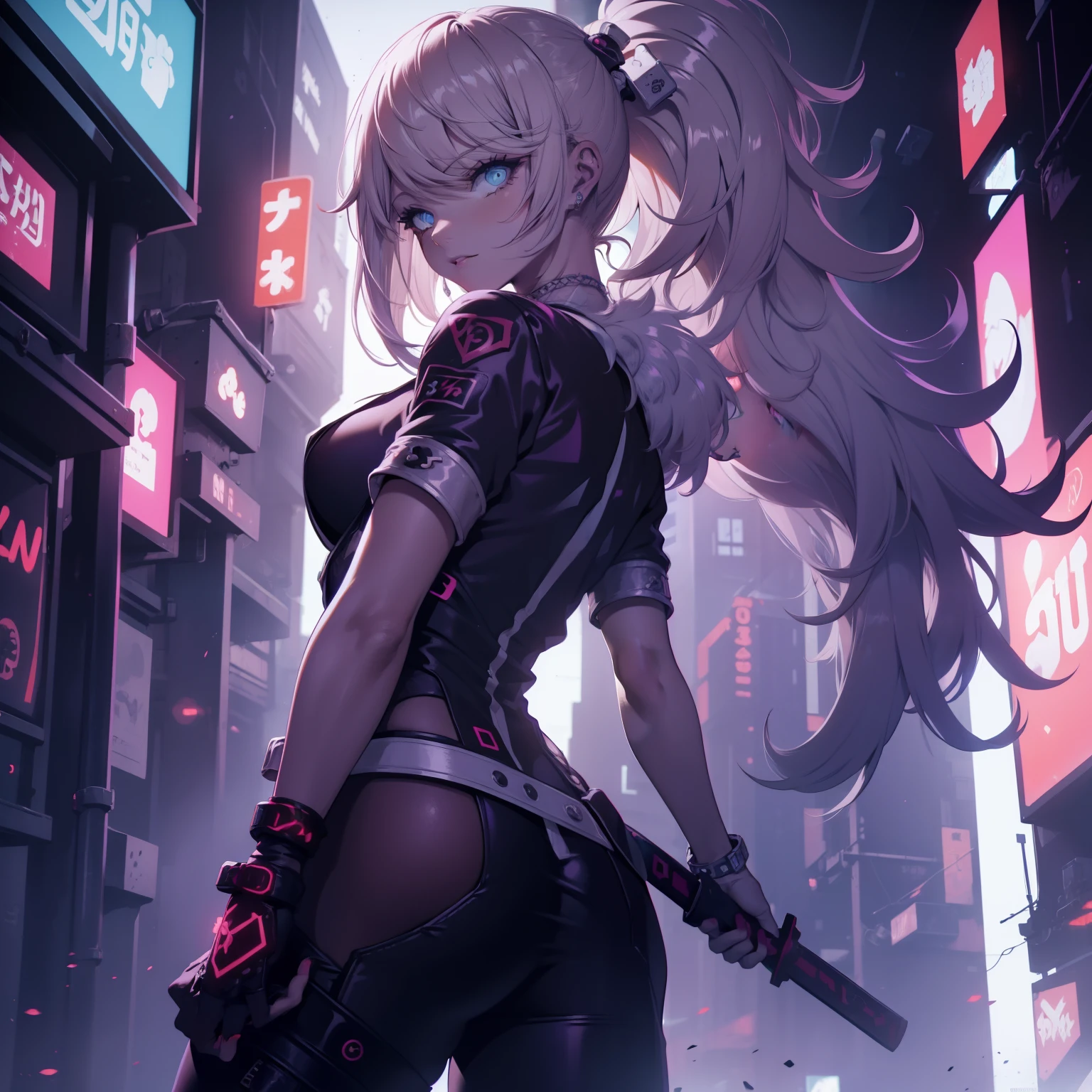female , Un adolescente con cabello corto y blanco como la nieve , sporting a mysterious full-face that has glowing purple eyes , vestido con una llamativa camisa roja y un largo abrigo negro, Deftly wielding a pair of dual long swords, one bright in vibrant red and the other hypnotically purple.. The scene unfolds against the backdrop of a dystopian cyberpunk city at night.., pulsing with neon lights and a futuristic aura, All rendered in stunning high-resolution 8K quality