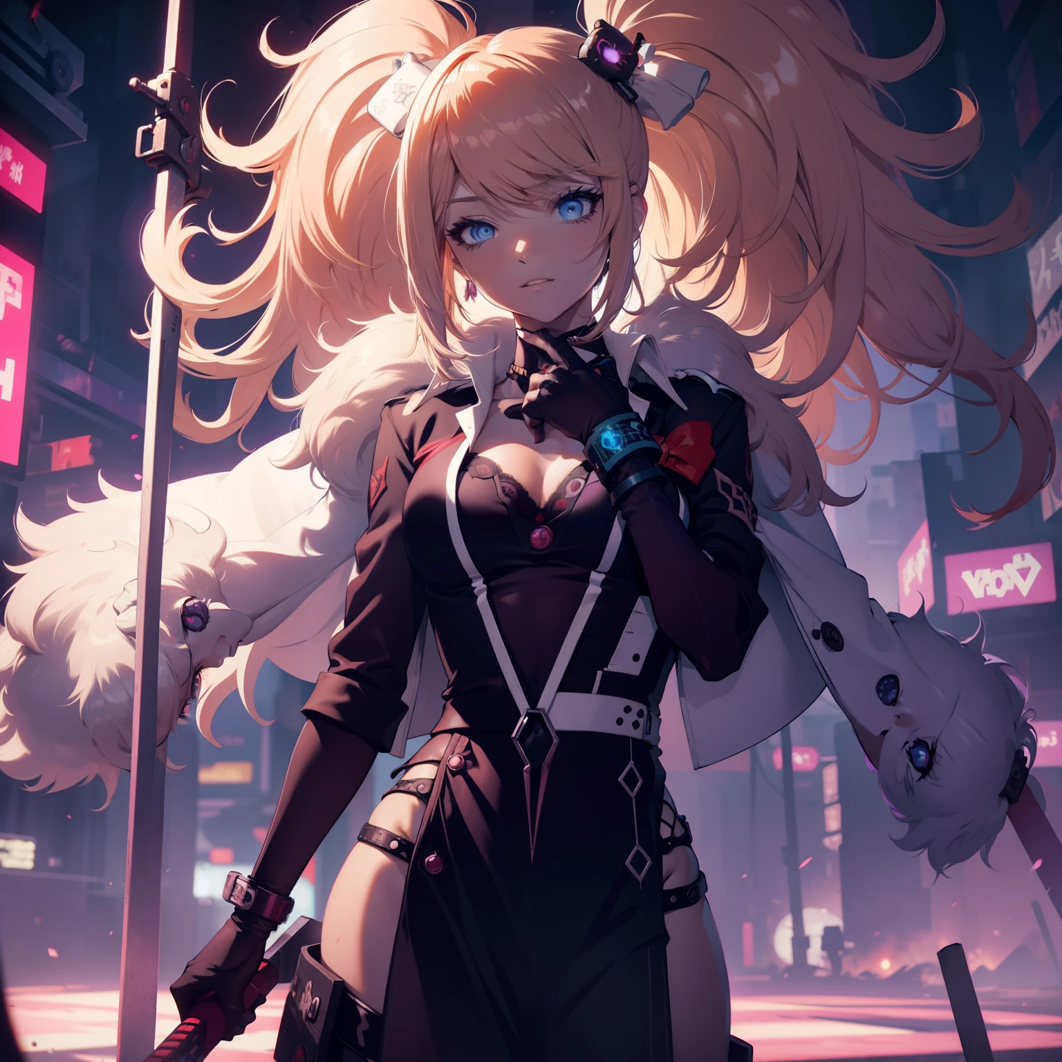 female , Un adolescente con cabello corto y blanco como la nieve , sporting a mysterious full-face that has glowing purple eyes , vestido con una llamativa camisa roja y un largo abrigo negro, Deftly wielding a pair of dual long swords, one bright in vibrant red and the other hypnotically purple.. The scene unfolds against the backdrop of a dystopian cyberpunk city at night.., pulsing with neon lights and a futuristic aura, All rendered in stunning high-resolution 8K quality