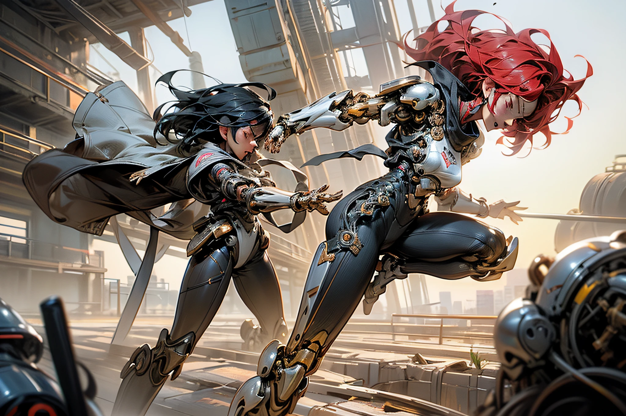 (Epic fight scene), (epic), sunset, ((4 girls)), (1 japanese girl milky skin, long black hair), (1 russian girl white skin, red hair), (1 argentina tanned, short hair), (1 mixed race girl, afro 's style haircut), (((Mechanical and cybernetic arms and legs parts))), ((non-vulgar cybernetic armor outfits)), Low sun on the horizon, devastated jungle in the background,
