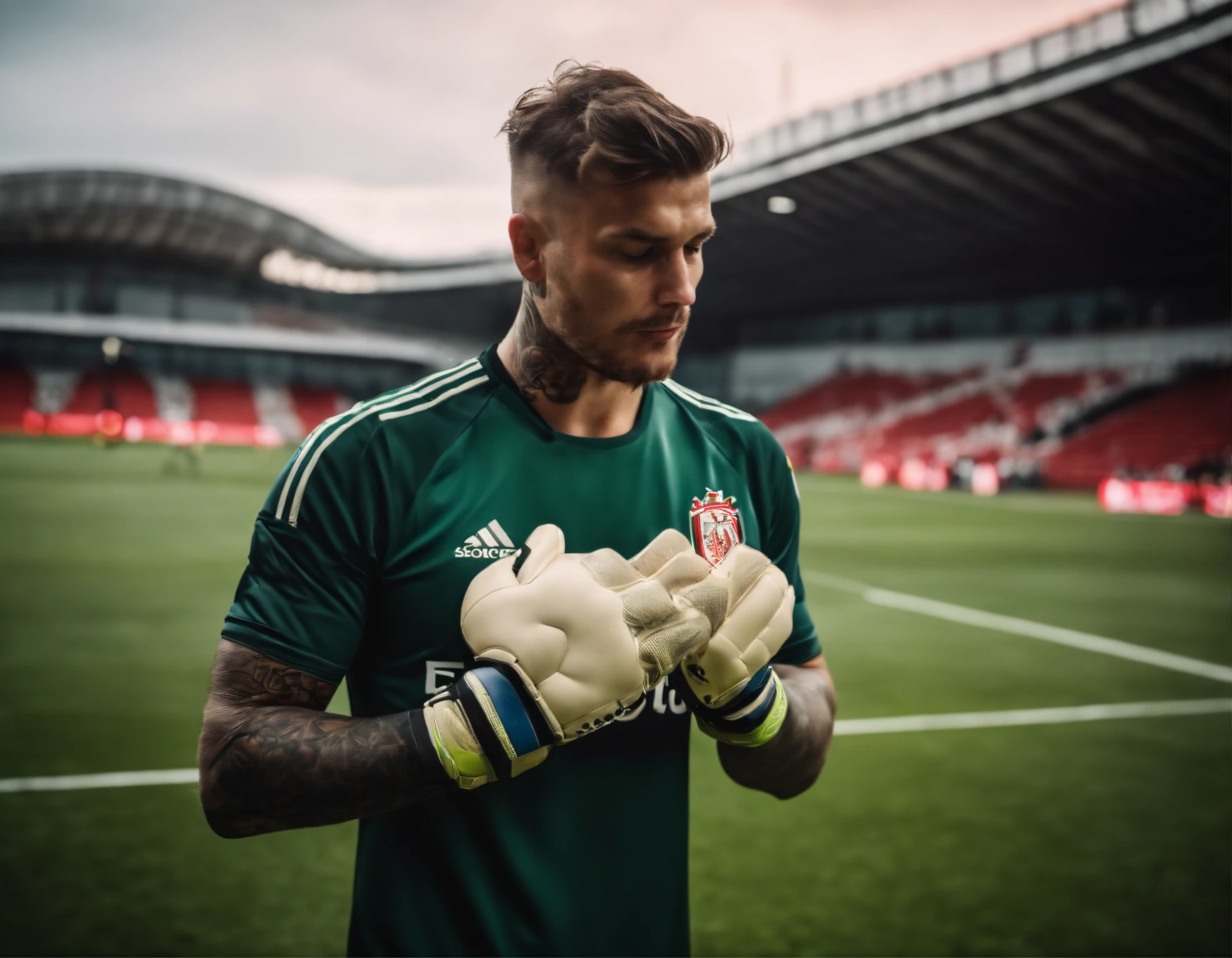 Homem Soccer Player Goalkeeper with tattoos, goalkeeper glove on his hand, Photo during the game on the field, In ajax