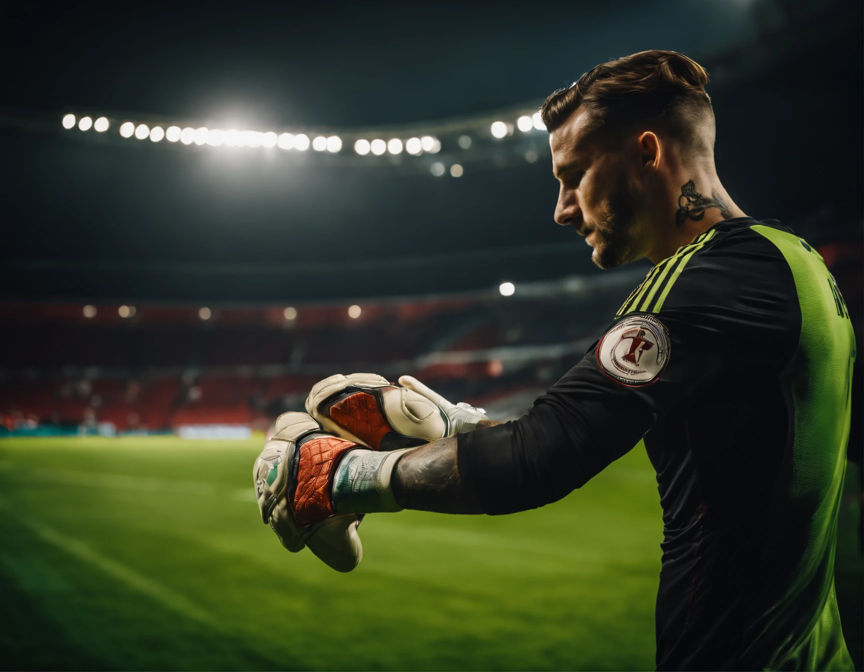 Homem Soccer Player Goalkeeper with tattoos, goalkeeper glove on his hand, Photo during the game on the field, In ajax