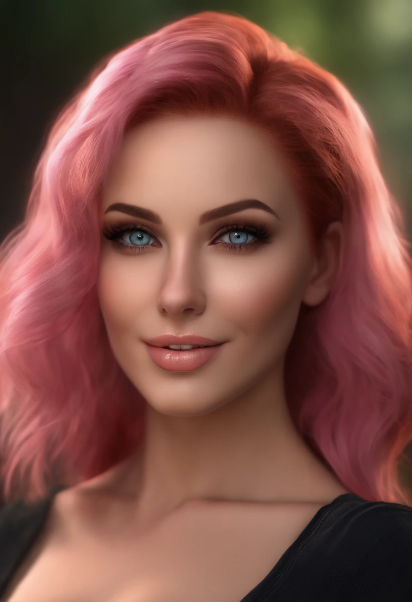 best quality, ultra high res, (photorealistic:1.4), (detailed beautiful girl:1.4), (huge drooling breasts), looking_at_viewer, Detailed facial details, beautiful detailed eyes,pink hair, blue eyes, slender, haunting smile, (makeup:0.3), red lips, highly detailed, exposed body, exposed breasts