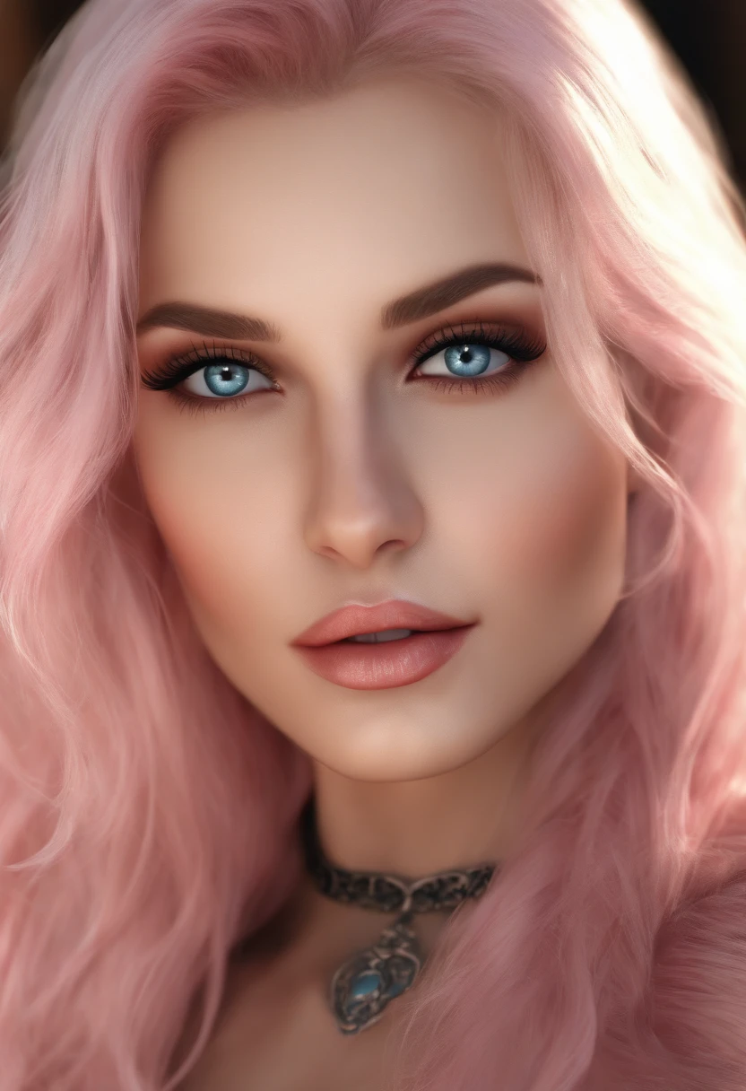 best quality, ultra high res, (photorealistic:1.4), (detailed beautiful girl:1.4), (huge drooling breasts), looking_at_viewer, Detailed facial details, beautiful detailed eyes,pink hair, blue eyes, slender, haunting smile, (makeup:0.3), red lips, highly detailed, exposed body, exposed breasts