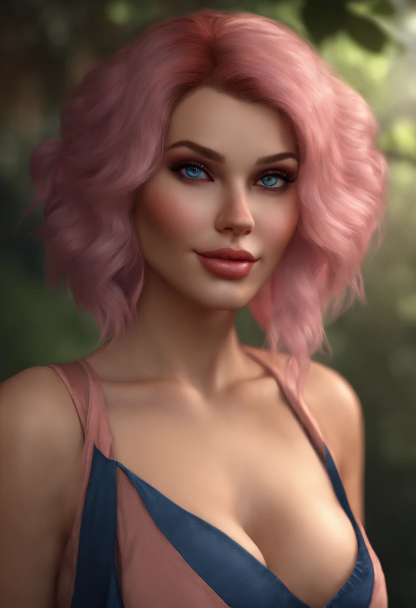 best quality, ultra high res, (photorealistic:1.4), (detailed beautiful girl:1.4), (huge drooling breasts), looking_at_viewer, Detailed facial details, beautiful detailed eyes,pink hair, blue eyes, slender, haunting smile, (makeup:0.3), red lips, highly detailed, exposed body, exposed breasts