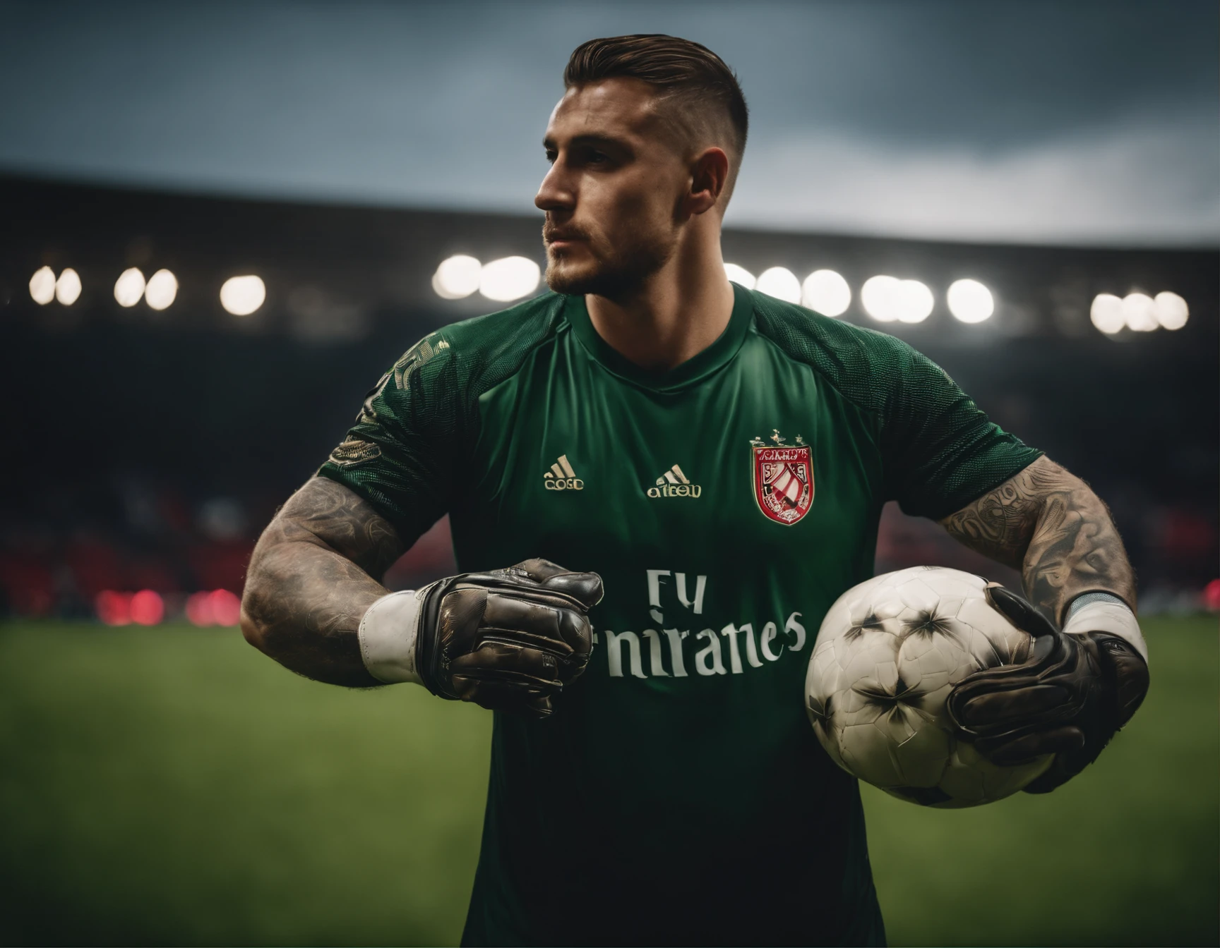 Homem Soccer Player Goalkeeper with tattoos, goalkeeper glove on his hand, Photo during the game on the field, In ajax