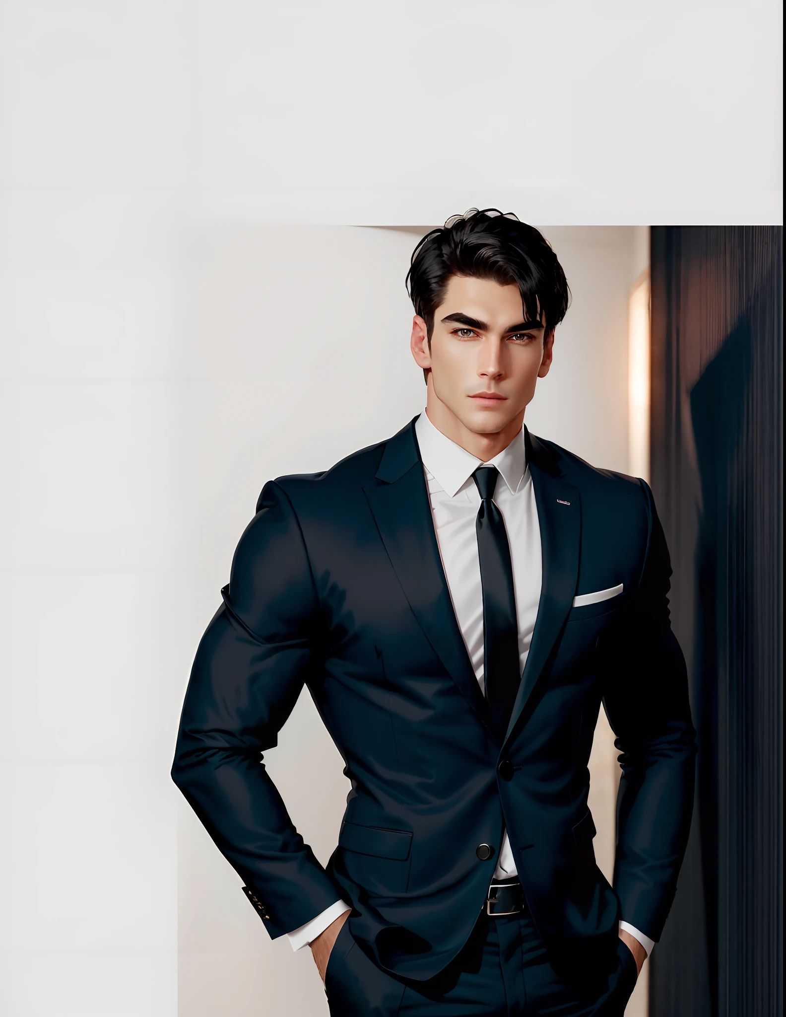White man, straight, short black hair, dark eyes, strong, well-defined features, square and angular face, wearing a stylish suit, with a strong, well-defined physique