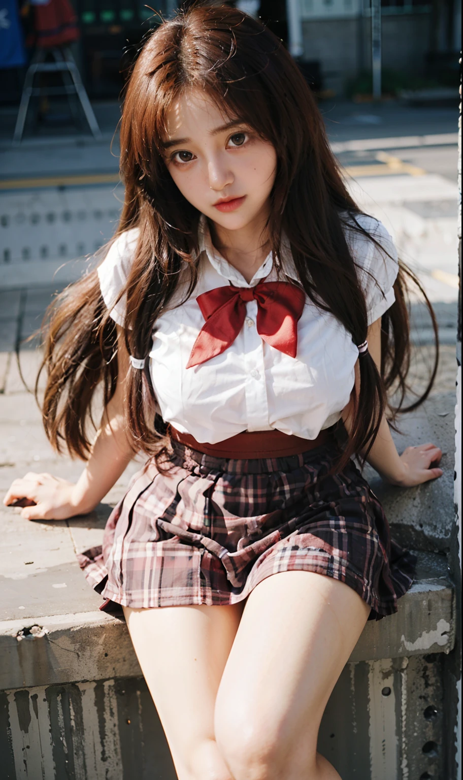 a girl with long red hair and a white shirt and brown skirt, hyperrealistic, realistic schoolgirl, seductive anime girl, beautiful high school girl, a hyperrealistic schoolgirl, anime girl with long hair, best girl, attractive girl, school girl, cute girl,