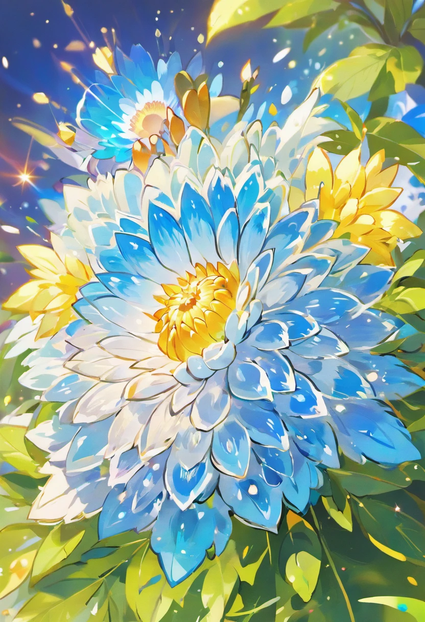 Digital art detailed for the best masterpieces, Highest Quality, bright delicate blue dahlia flowers with elegant leaves,,,,,１Only、Beautiful and elegant diamonds on the background, Graceful stems, And delicate, And elegant, flowey, Glittering petals, flowercore, surrounded flower, The magic of sparkling flowers, Beautiful animations, Bright flowers in 16K lace, Beautiful Art U Hard Disk 4K, Detailed painting in 4K, Beautiful flowers and crystals, Luminous flowers, huge flower, light bloom, full bloom, Flowers that shine with bloom ether effect, Magic colorful flowers with flower pieces in the middle of the garden, floral environment, Beautiful Art U Hard Disk 4K, magical flowers, Flower explosion, Beautiful digital painting detailed in emergency digital photography, Detailed painting in 4K, background artwork, Flower explosion, Design and color, highly-detailed digital painting, Appeared in 4K, Best Quality, hight resolution, 1080p, hard disk, 4K, 8K