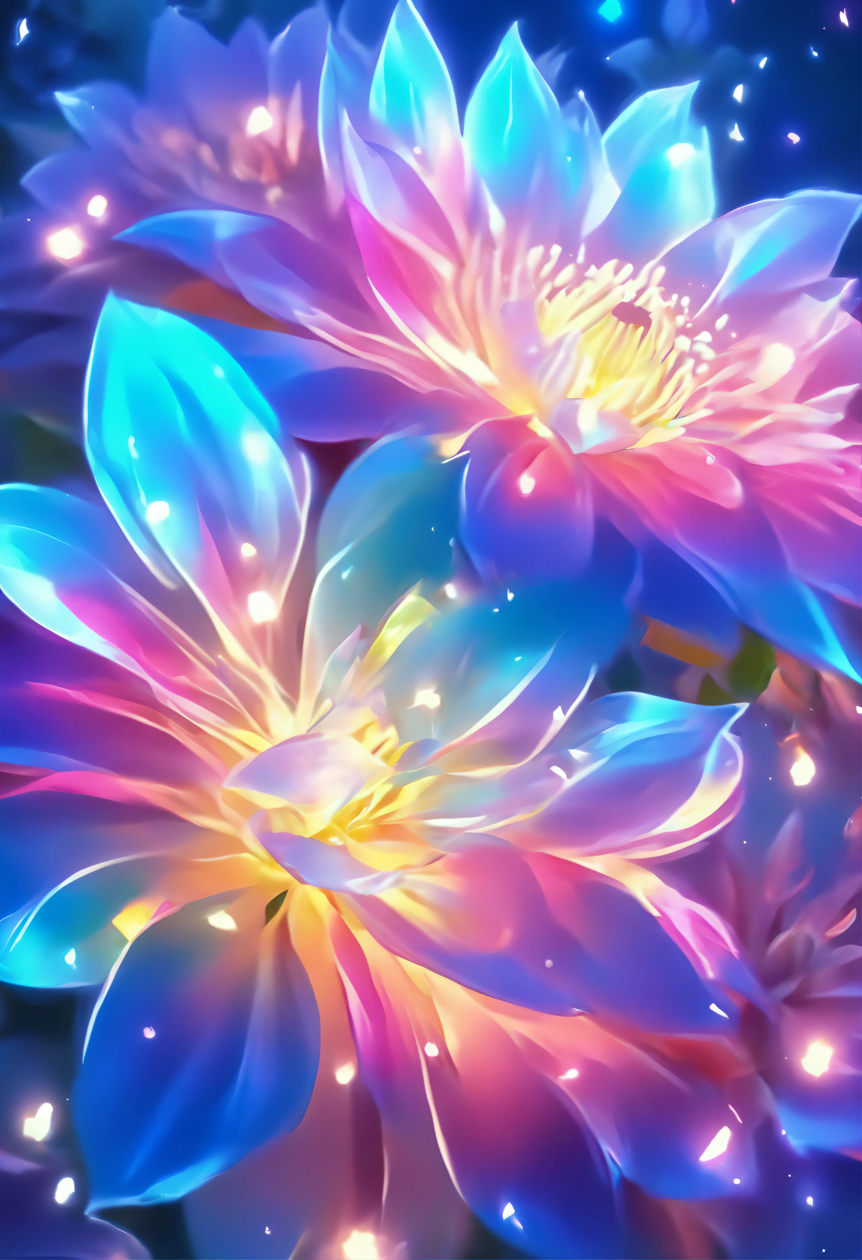 Digital art detailed for the best masterpieces, Highest Quality, bright delicate blue and pink dahlia flowers with elegant leaves,,1Only、Beautiful and elegant diamonds in the background, Graceful stems, And delicate, And elegant, flowey, Glittering petals, flowercore, surrounded flower, The sparkling magic of flowers, Beautiful animations, Bright flowers in 16K lace, Beautiful Art U Hard Disk 4K, Detailed painting in 4K, Beautiful flowers and crystals, Luminous flowers, huge flower, light bloom, full bloom, Flowers that shine with bloom ether effect, Magic colorful flowers with flower pieces in the middle of the garden, floral environment, Beautiful Art U Hard Disk 4K, magical flowers, Flower explosion, Beautiful digital painting detailed in emergency digital photography, Detailed painting in 4K, background artwork, Flower explosion, Floral color, highly-detailed digital painting, Appeared in 4K, Best Quality, hight resolution, 1080p, hard disk, 4K, 8K