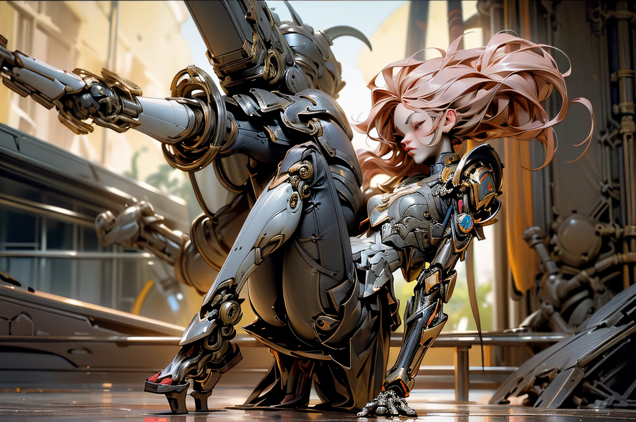 (Epic fight scene), (epic), coucher de soleil, ((4 filles)), (1 fille japonaise peau laiteuse, longs cheveux noirs), (1 Russian girl with white skin, cheveux roux), (1 Argentina tanned, Cheveux courts), (1 mixed-race girl, Coupe de cheveux style afro), (((Mechanical and cybernetic parts of arms and legs))), ((Non-vulgar cybernetic armor outfits)), Low sun on the horizon, Devastated jungle in the background,