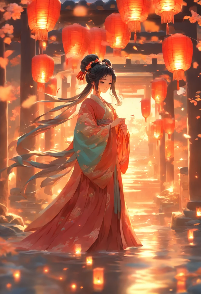 official art, unity 8k wallpaper, ultra detailed, beautiful and aesthetic, masterpiece, best quality, (Fire, water, ribbon, paper cutting), (fractal art:1.3) 1girl,building, (solo:1.5), chinese_clothes, sky, outdoors, wide_sleeves, black_hair, sunset, (falling_leaves:1.2), lantern, (paper_lantern:1.5),blue sky, (outdoors:1.5),hanfu, (rainbow-candy:0.8), (style-swirlmagic:0.8),