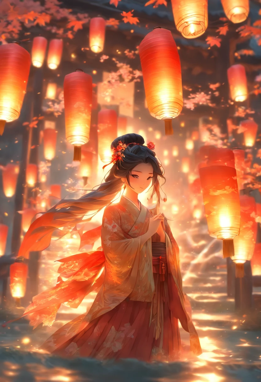 official art, unity 8k wallpaper, ultra detailed, beautiful and aesthetic, masterpiece, best quality, (Fire, water, ribbon, paper cutting), (fractal art:1.3) 1girl,building, (solo:1.5), chinese_clothes, sky, outdoors, wide_sleeves, black_hair, sunset, (falling_leaves:1.2), lantern, (paper_lantern:1.5),blue sky, (outdoors:1.5),hanfu, (rainbow-candy:0.8), (style-swirlmagic:0.8),