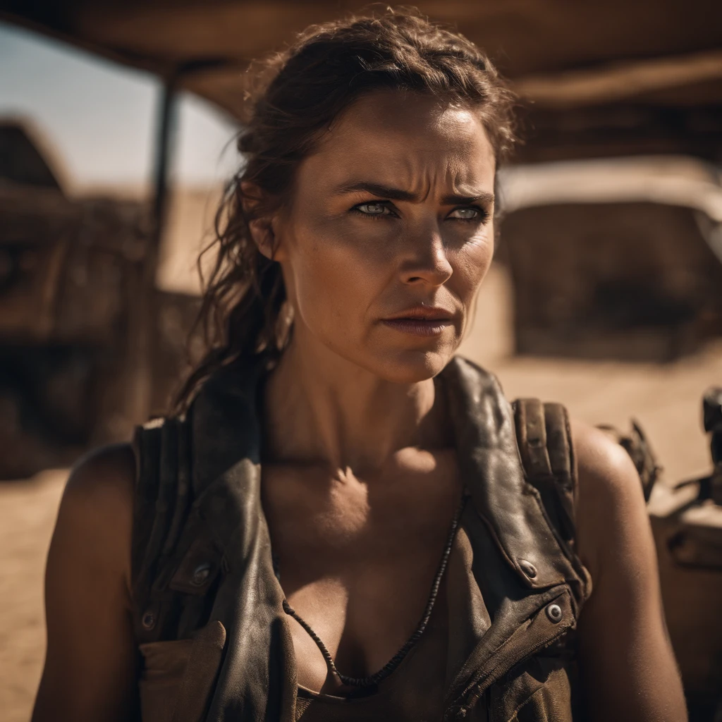 Mad Max Woman, photographrealistic, Postapocalypse、rifle、teats