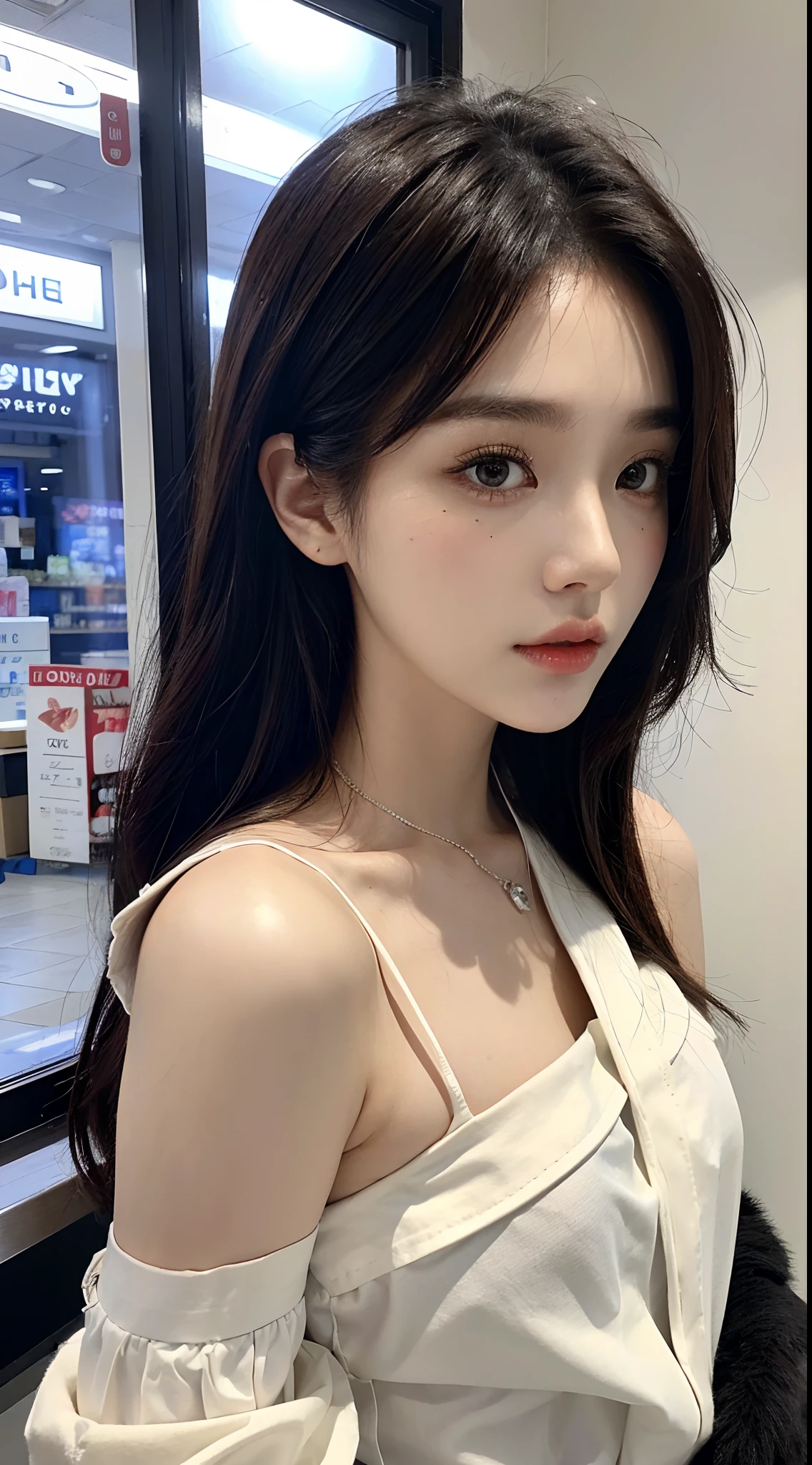 ​masterpiece、top-quality)、1 beutiful girl、Slim body、((Black and white plain clothes:1.1))、(Detailed beautiful eyes)、Walk around the store、((Boyish Brown Medium Hair))、((Smaller face))、((Neutral face))、((Face seen from the side))、((Light brown eyes))、((Korean Girl))、((25-years old))、((cool lady))、((Wild look))、((Korean Makeup))、((elongated and sharp eyes))、((Dating))、((looking distantly))、((boyish))、((Shot from the same height as your face))、((Viewers are tall))