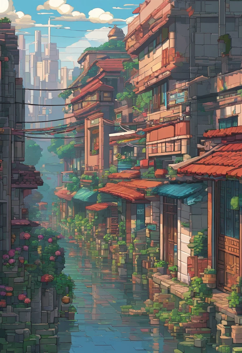 modern, speed lines, vanishing point, UHD, masterpiece, high details,There is a Chinese-style alley in the bustling city,Wires are interspersed between the houses on both sides,Stone bricks of different sizes are paved on the path,The sides are lined with greenery。It just rained here,Puddles are scattered everywhere,The sky is gray,Nothing,Everything seemed particularly homely