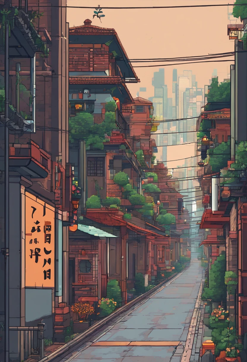 modern, speed lines, vanishing point, UHD, masterpiece, high details,There is a Chinese-style alley in the bustling city,Wires are interspersed between the houses on both sides,Stone bricks of different sizes are paved on the path,The sides are lined with greenery。It just rained here,Puddles are scattered everywhere,The sky is gray,Nothing,Everything seemed particularly homely