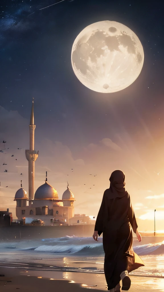 muslim woman walking on the beach at night with a mosque in the background, 8k stunning artwork, concept art wallpaper 4k, inspired by Andreas Rocha, andreas rocha style, inspired by Cyril Rolando, a beautiful artwork illustration, 4k highly detailed digital art, beautiful art uhd 4 k, 8k hd wallpaper digital art, million of stars, moon --auto