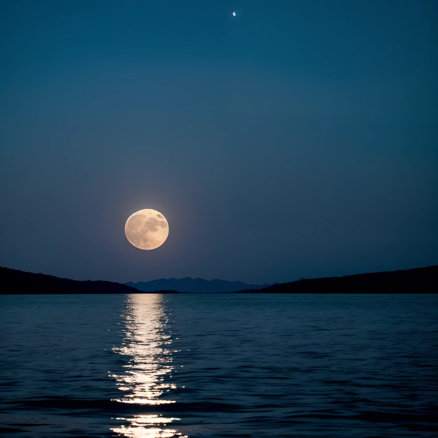 A stark view of a full moon with a bird flying over water, bela noite de luar, lindo luar, luar e sombras deslumbrantes, Moon reflecting in water, The Moon reflects on the water, big moon above the water, luz bonita da lua, reflexo da lua, luar azul suave, luar azul, perfect crisp moonlight, Noite de luar atmosfera sonhadora