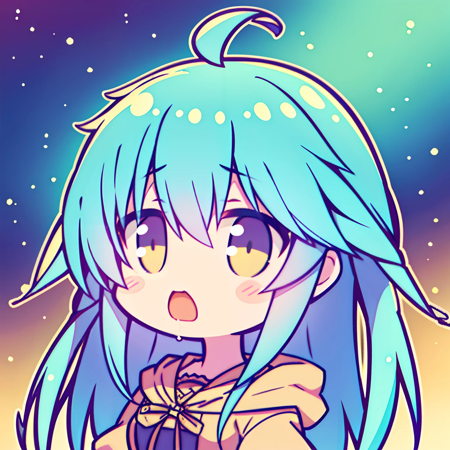 (best quality, masterpiece:1.2), beautiful and detailed anime face, (upper body), Eria Ygo, 1girl, playing a solo, long hair, ahoge, portraits, vibrant colors, soft lighting, (looking up,no pupils,empty eyes,drooling,messy_hair,open  mouth,,:1.03),chibi:1.3
