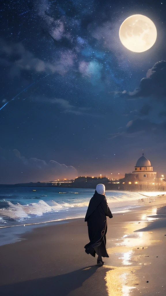muslim woman walking on the beach at night with a mosque in the background, 8k stunning artwork, concept art wallpaper 4k, inspired by Andreas Rocha, andreas rocha style, inspired by Cyril Rolando, a beautiful artwork illustration, 4k highly detailed digital art, beautiful art uhd 4 k, 8k hd wallpaper digital art, million of stars, moon --auto