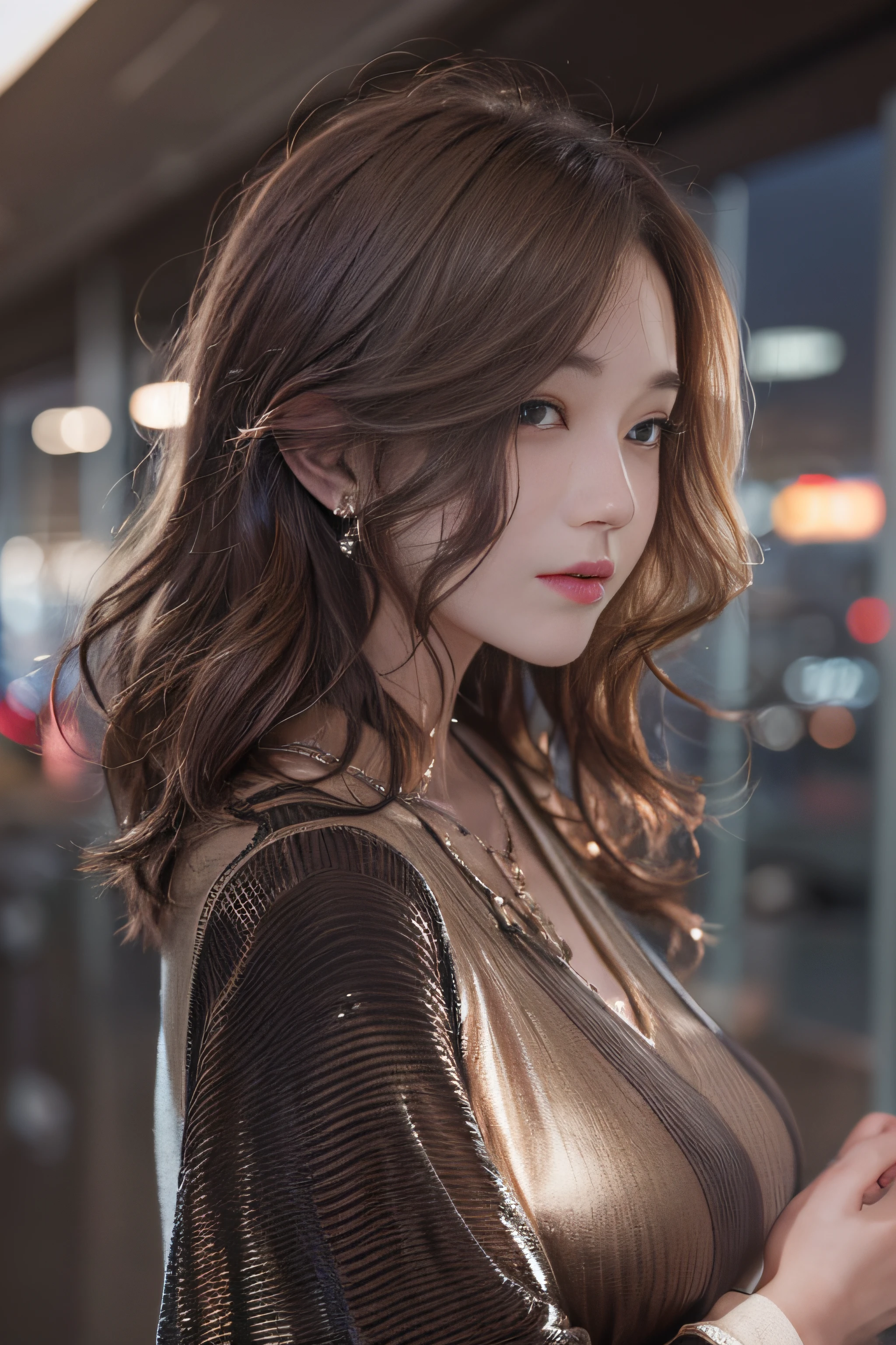 1womanl、Early 20s、(Strong-willed super beauty)、(ultra beautiful faces)、is standing、Wearing makeup、Wavy brown hair、(Airport at night:1.1)、Large windows at the departure gate、(Airplane from background window:1.1)、Shallow depth of field