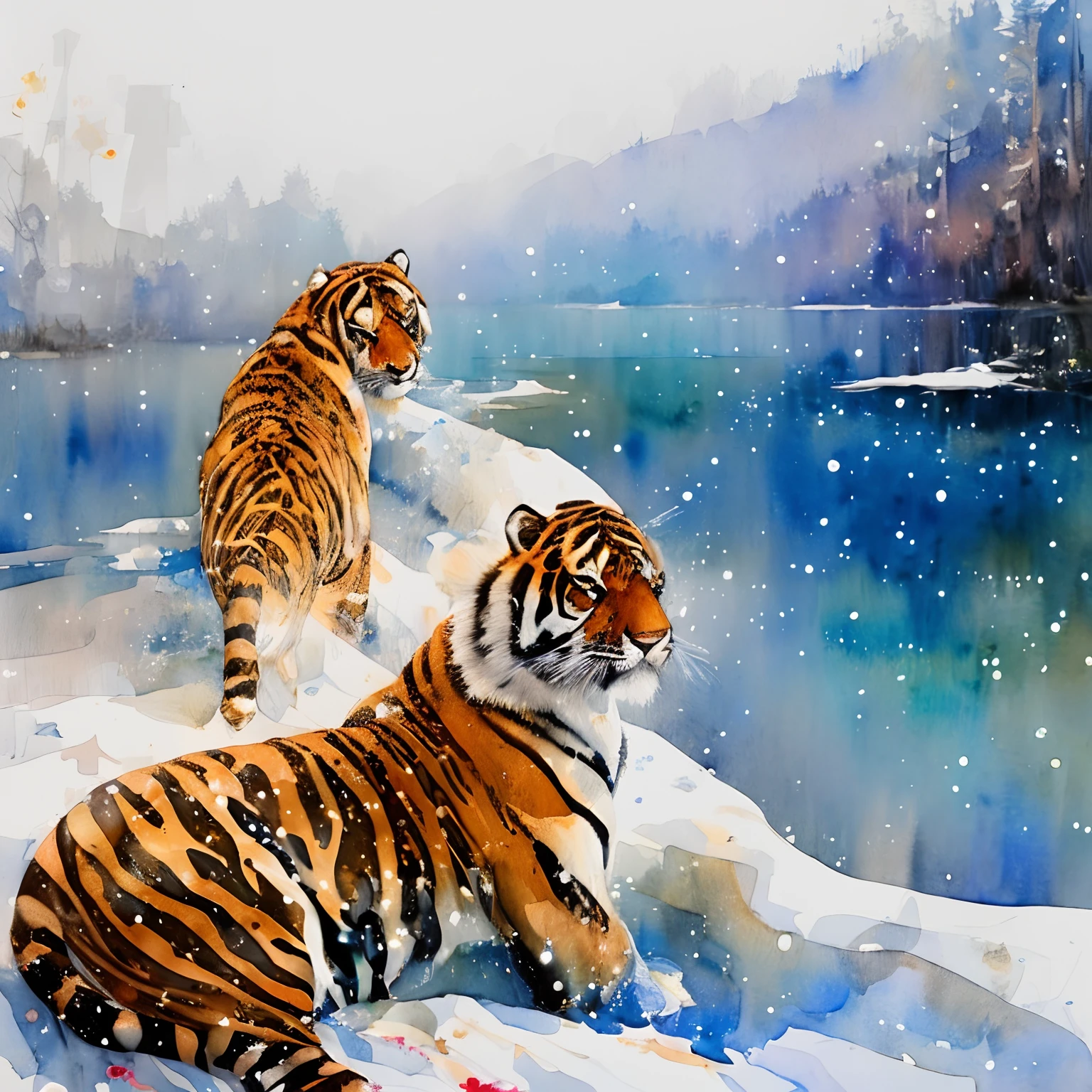 painting of (close up of one lone tiger in snow drinking from creek), open eyes, looking at viewer, water mirror, golden hour, masterpiece, official art, beautiful, ((watercolor)), paint splatter, intricate details, [dripping:0.5], trending on artstation, in Watercolor Style, Watercolor, (Rachel Walker), Museum Epic Impressionist Maximalist Masterpiece, thick brush strokes,