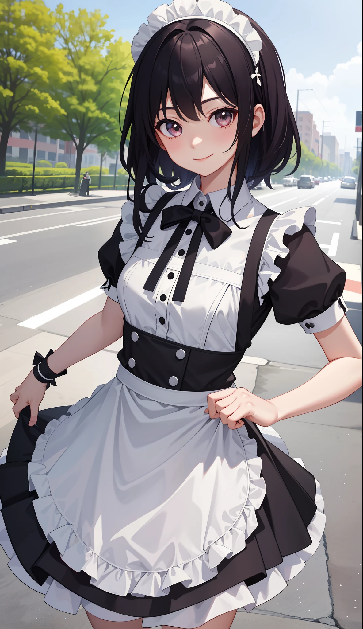 1girl in、AS-Adult、A smile、The shirt、Ultra mini skirt、pantiy、(small tits)、doress、pinafore、Hair decoration、(Maid costume)、Walking with a thigh、Upper body portrait、