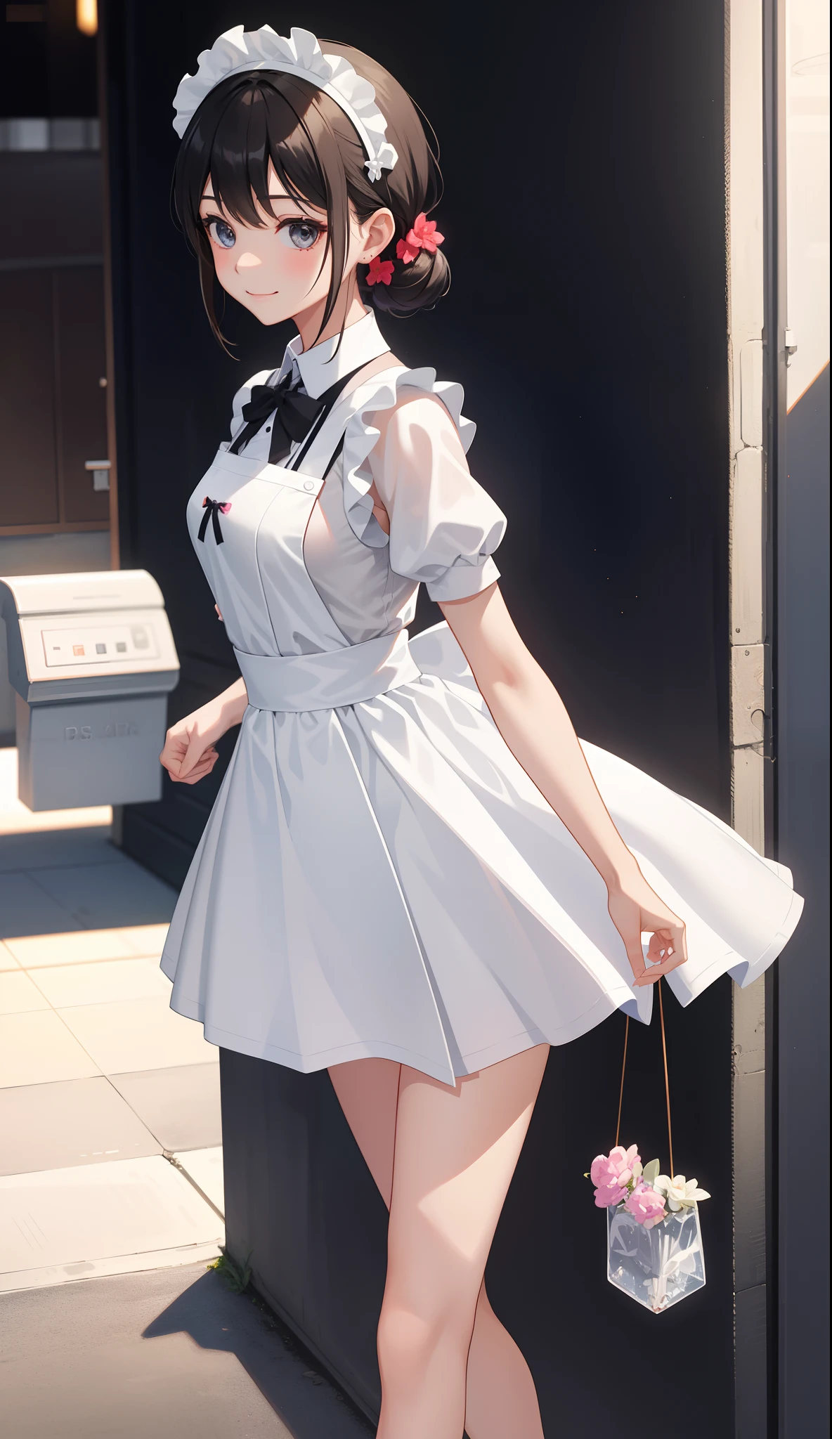1girl in、AS-Adult、A smile、The shirt、Ultra mini skirt、pantiy、（small tits）、doress、pinafore、Hair decoration、（Maid costume）、Walking with a thigh、Upper body portrait、