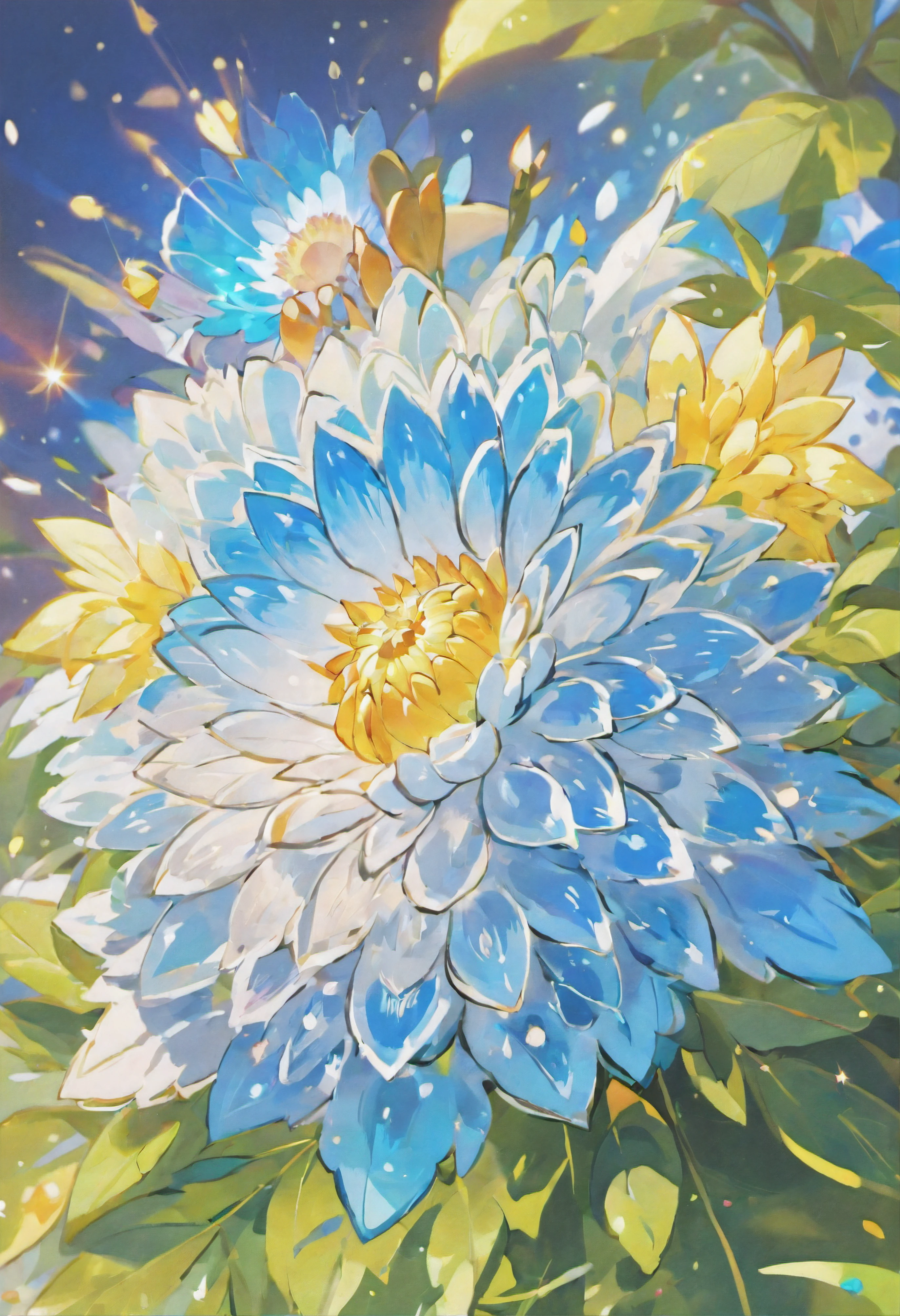 Digital art detailed for the best masterpieces, Highest Quality, bright delicate blue dahlia flowers with elegant leaves,,,,,1Only、Beautiful and elegant diamonds on the background, Graceful stems, And delicate, And elegant, flowey, Glittering petals, flowercore, surrounded flower, The magic of sparkling flowers, Beautiful animations, Bright flowers in 16K lace, Beautiful Art U Hard Disk 4K, Detailed painting in 4K, Beautiful flowers and crystals, Luminous flowers, huge flower, light bloom, full bloom, Flowers that shine with bloom ether effect, Magic colorful flowers with flower pieces in the middle of the garden, floral environment, Beautiful Art U Hard Disk 4K, magical flowers, Flower explosion, Beautiful digital painting detailed in emergency digital photography, Detailed painting in 4K, background artwork, Flower explosion, Design and color, highly-detailed digital painting, Appeared in 4K, Best Quality, hight resolution, 1080p, hard disk, 4K, 8K