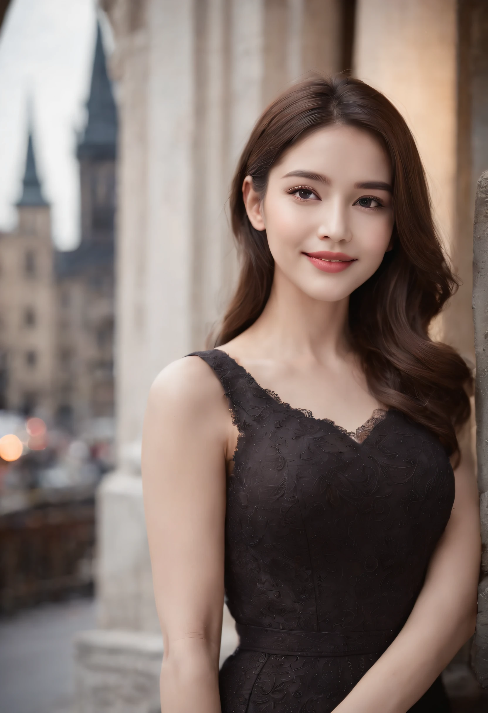 ((Best quality, 8k, Masterpiece :1.3)), 1girl, smiling, full body, slim face, Pretty woman, (Dark brown hair), full length dress :1.1, Ultra-detailed face, Detailed eyes, Double eyelid, blur background, slim face, city, outside, street,