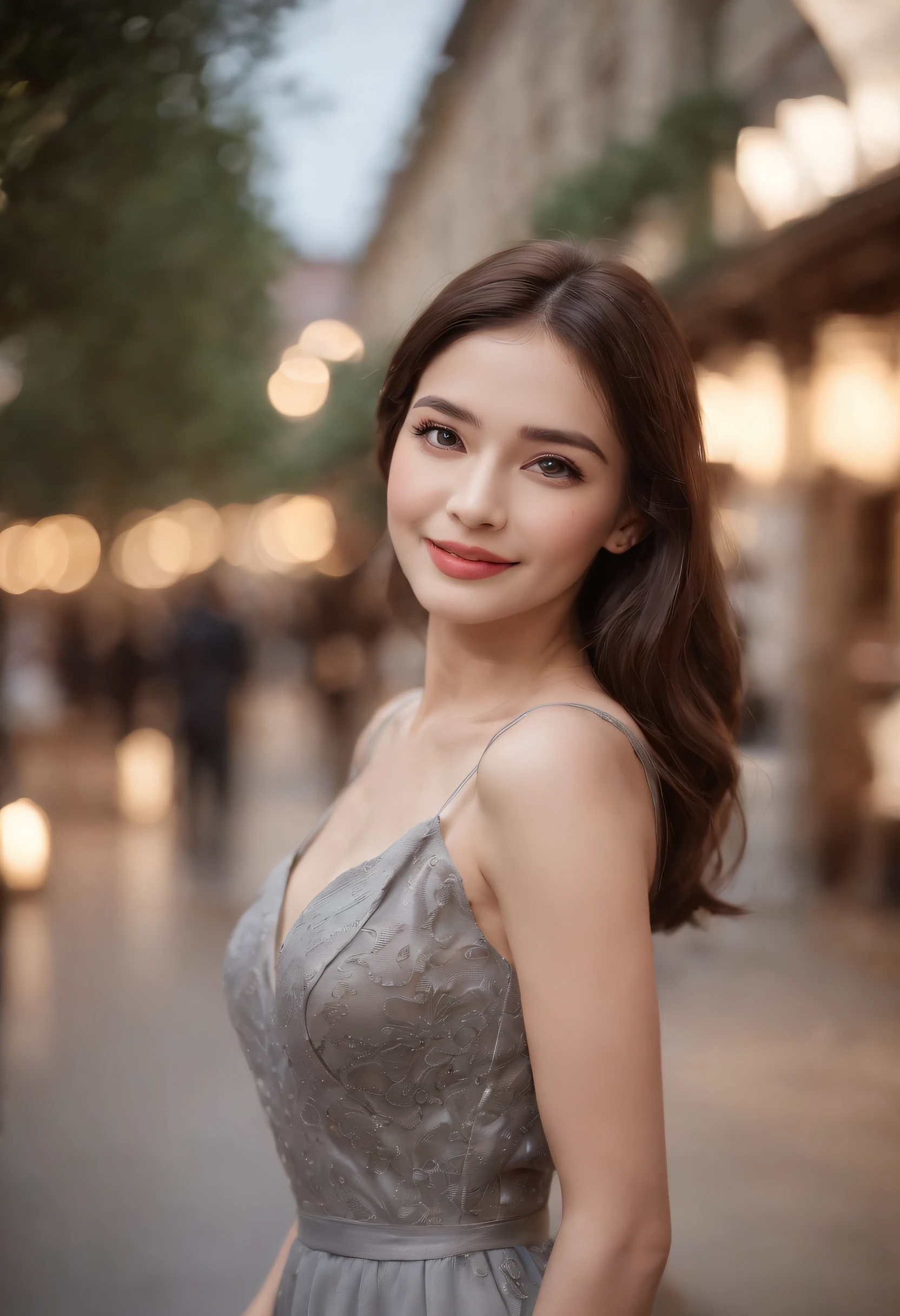 ((Best quality, 8k, Masterpiece :1.3)), 1girl, smiling, full body, slim face, Pretty woman, (Dark brown hair), full length dress :1.1, Ultra-detailed face, Detailed eyes, Double eyelid, blur background, slim face, city, outside, street,
