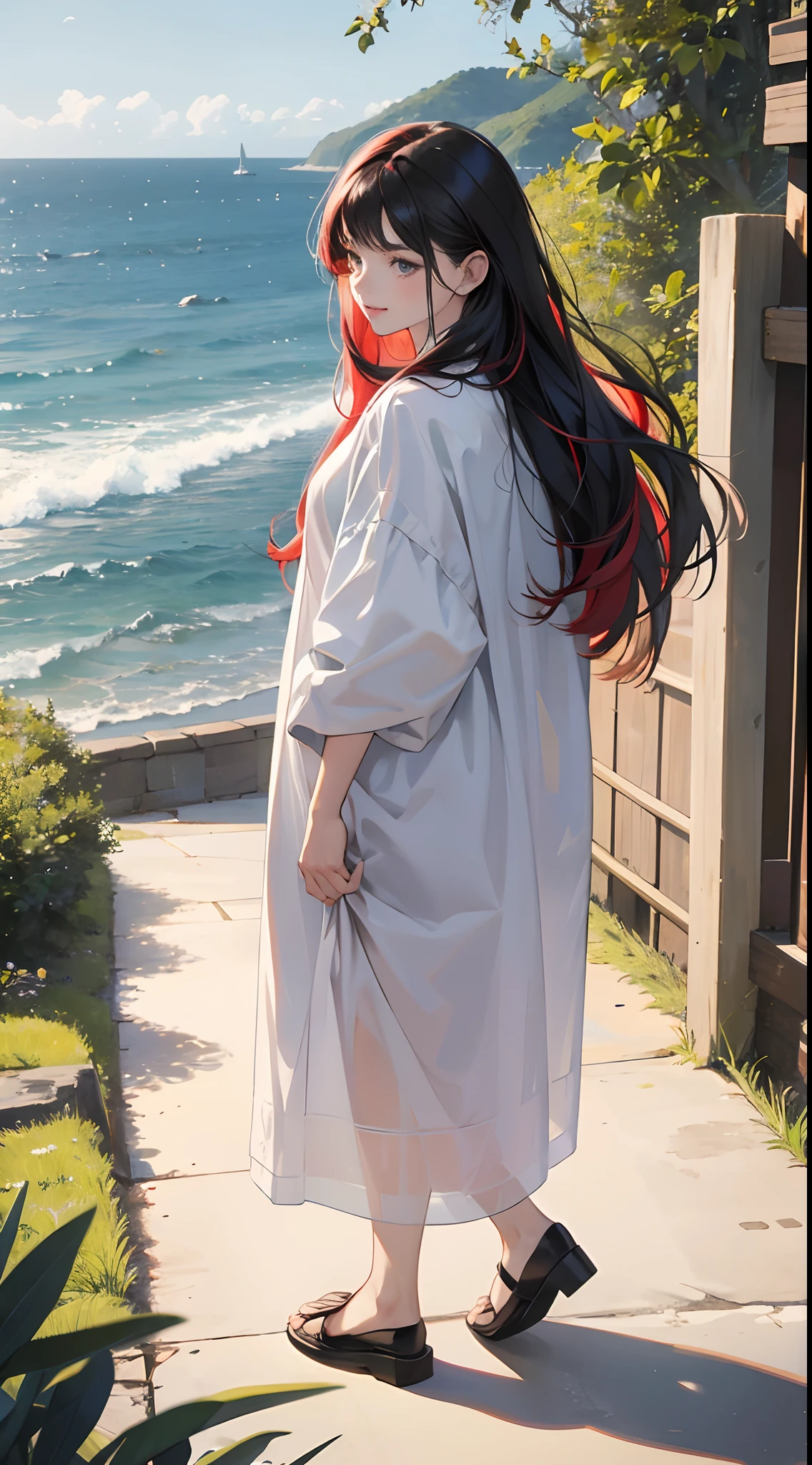 (Best Quality,4K,High resolution), 18yo woman, Red mesh hair on black hair, Long hair, Straight hair, , Comical appearance,Delicately drawn illustrations down to the smallest detail, Realistic portrayal,outside of house,On a hill with a view of the sea,A refreshing morning,glimmering light,sideways Facing,Look at viewers,stroll,Oversized clothes,glares,Cold eyes,sharp eye,be bashful,Laugh,cute little,Cool Woman,Scenery of a walk