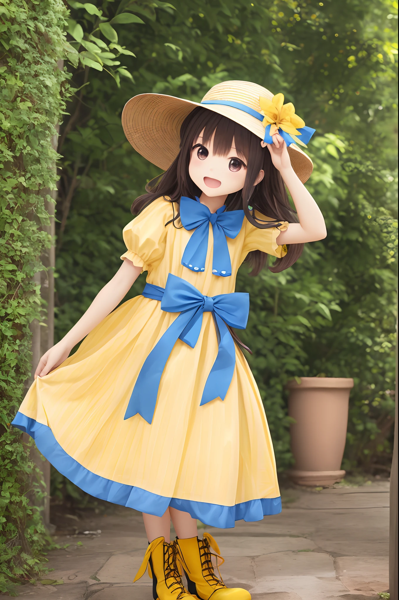 女の子1人、blue ribbons、florals、Hats、Windy, That's why I'm wearing a hat、Yawning face、Longer dress、length hair、bow ribbon、Sleeveless、a straw fedora hat、Eye Up、yellow  eyes、Urban Park、butterflys々is flying、kawaii pose、I'm wearing cute boots