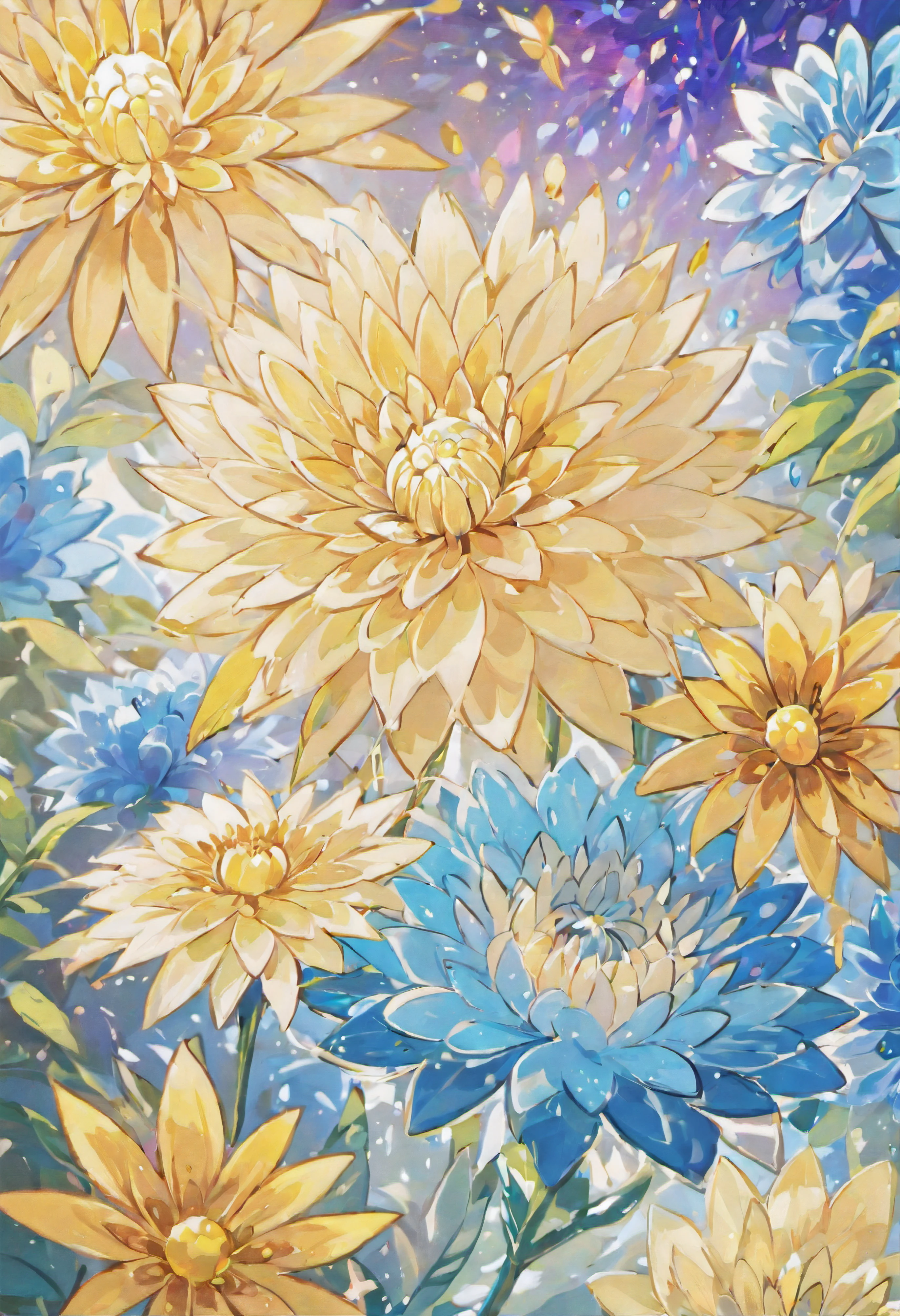 Digital art detailed for the best masterpieces, Highest Quality, bright delicate blue dahlia flowers with elegant leaves,,,,,1Only、Beautiful and elegant diamonds on the background, Graceful stems, And delicate, And elegant, flowey, Glittering petals, flowercore, surrounded flower, The magic of sparkling flowers, Beautiful animations, Bright flowers in 16K lace, Beautiful Art U Hard Disk 4K, Detailed painting in 4K, Beautiful flowers and crystals, Luminous flowers, huge flower, light bloom, full bloom, Flowers that shine with bloom ether effect, Magic colorful flowers with flower pieces in the middle of the garden, floral environment, Beautiful Art U Hard Disk 4K, magical flowers, Flower explosion, Beautiful digital painting detailed in emergency digital photography, Detailed painting in 4K, background artwork, Flower explosion, Design and color, highly-detailed digital painting, Appeared in 4K, Best Quality, hight resolution, 1080p, hard disk, 4K, 8K