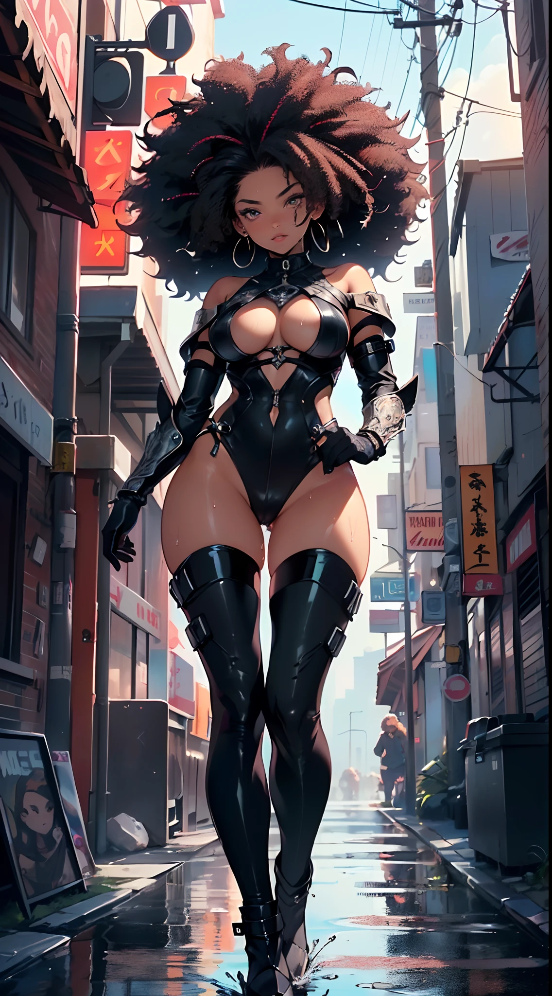 girl spacepunk,(((1girl))),((cute and beautiful afro haired girl)),((((black race)))),

(large breasts:1.4),saggy breasts,((((black afro hair:1.35,((afro hair:1.35)),afrohair,afro:1.35,dark hair,black hair,)))),medium hair, red:1.5,((heterochromia:1.3, (yellow_eye1 and red_eye2))),intricate eyes,beautiful detailed eyes,symmetrical eyes,((fat)),((((tan,dark skin,black skin:1.35,dark-skinned_female,dark skin:1.3,ebony skin,lustrous skin:1.5,bright skin: 1.5,shiny skin,very shiny skin,shiny body,illuminated skin,wet legs)))),(spider lower abdomen,narrow waist,wide hip,athletic body,inflated legs),(((detailed face))),

cute,slutty,sensual,seductive look,seductive,erotic,enchanting,((nsfw)),

zettai ryouiki,revealing clothing,show skin,(wearing a mechanical space body armor:1.3,micro armor bikini,bare legs,an armored arm),(((wet clothes,intricate outfit,intricate clothes))),

(dynamic pose:1.0),solo focus,embarrassed,(centered,scale to fit dimensions,Rule of thirds),

cyberpunk city by the ocean at night, with bright neon signs and dark stormy clouds and puddles, scenery:1.25,

artistic photography,(photography taken by sldr),highres, sharp focus, (ultra detailed, extremely detailed), (photorealistic artwork:1.37),(extremely detailed CG unity 8k wallpaper),((synthwave background theme)),(((vibrant colors))),(intricate background),(masterpiece),(best quality),