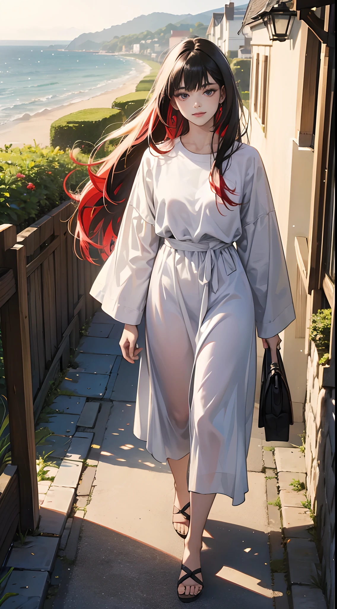 (Best Quality,4K,High resolution), 18yo woman, Red mesh hair on black hair, Long hair, Straight hair,  , Comical appearance，Delicately drawn illustrations down to the smallest detail, Realistic portrayal,outside of house，On a hill with a view of the sea，A refreshing morning，glimmering light，sideways Facing，Look at viewers，stroll，Oversized clothes，glares，Cold eyes，sharp eye，be bashful，Laugh，cute little，Cool Woman，Scenery of a walk