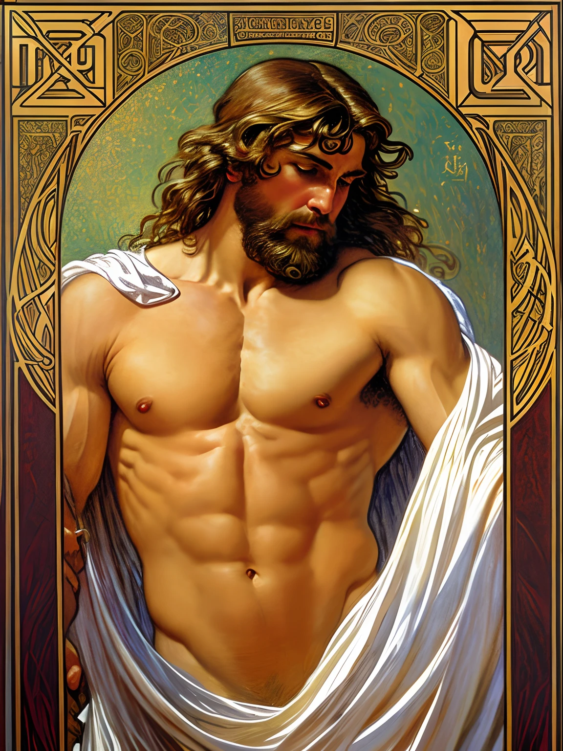 Portrait of a stout mighty God unleashing all his powers, digital painting in the style of Robert Liberace, dynamic action poses of stout zeus, god of thunder, greek god, blond hair, male, mature, handsome, upper body, muscular, hairy torso, fantasy, intricate, elegant, highly detailed, digital painting, art station, concept art, soft, sharp focus, illustration, art by Robert Liberace, Gaston Bussiere and Alphonse Mucha, klimt, art deco