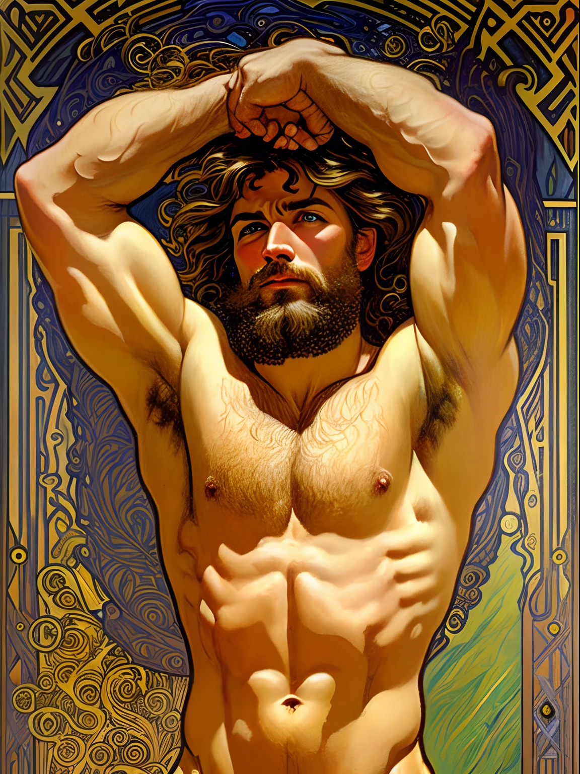 Portrait of a stout mighty God unleashing all his powers, digital painting in the style of Robert Liberace, dynamic action poses of stout zeus, god of thunder, greek god, blond hair, male, mature, handsome, upper body, muscular, hairy torso, fantasy, intricate, elegant, highly detailed, digital painting, art station, concept art, soft, sharp focus, illustration, art by Robert Liberace, Gaston Bussiere and Alphonse Mucha, klimt, art deco