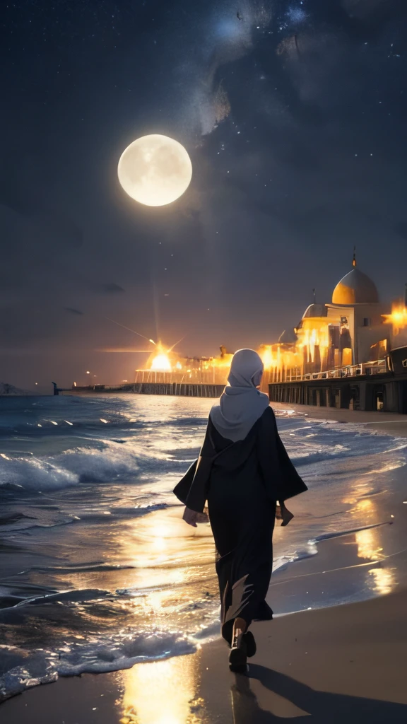 muslim woman walking on the beach at night with a mosque in the background, 8k stunning artwork, concept art wallpaper 4k, inspired by Andreas Rocha, andreas rocha style, inspired by Cyril Rolando, a beautiful artwork illustration, 4k highly detailed digital art, beautiful art uhd 4 k, 8k hd wallpaper digital art, million of stars, moon --auto