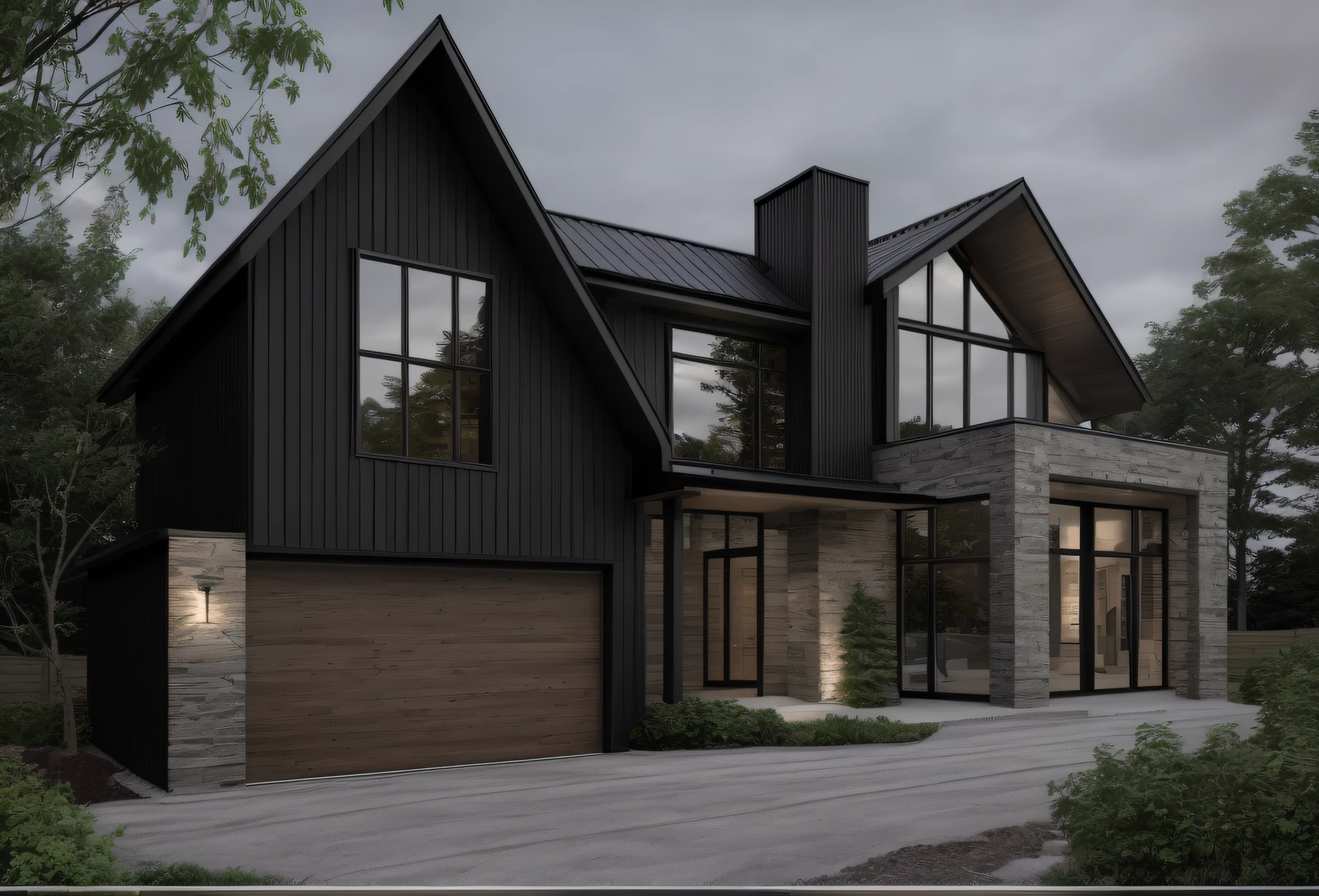 black garage, cedar siding, limestone accents, gable roof, modern Scandinavian house, floor-to-ceiling windows, smooth limestone accents, cedar wood accents, black garage door, exterior design, award winning render, contemporary house, a photorealistic rendering, fully detailed render, large modern residence, 4k, dusk, dramatic exterior lighting