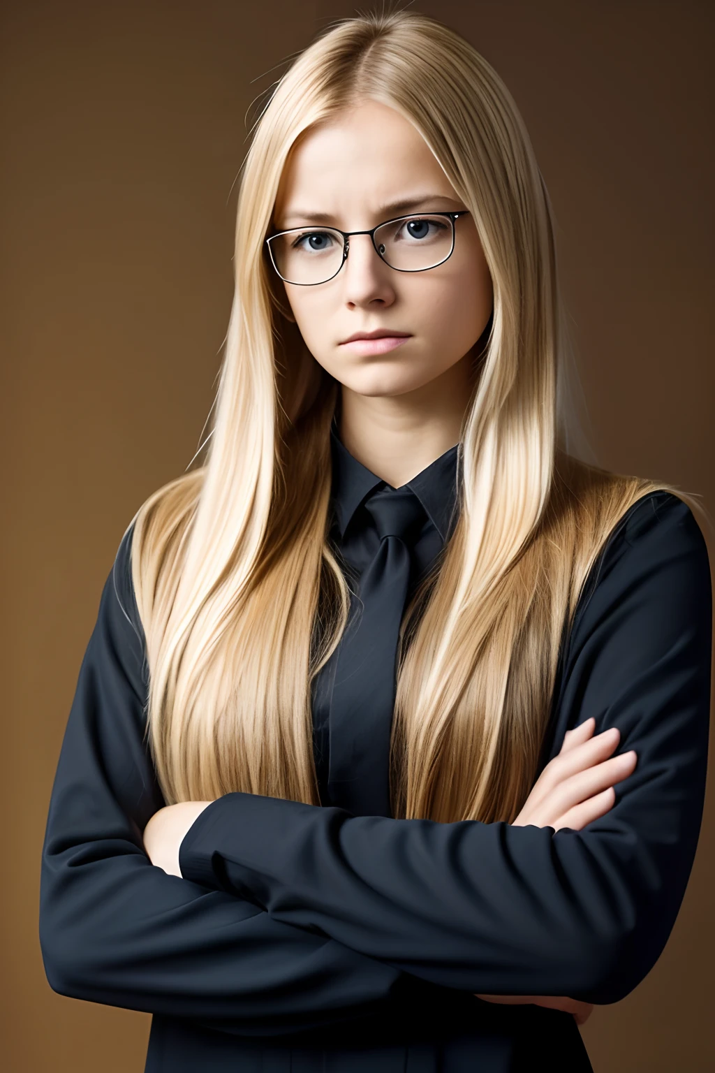 Upset young blondy woman, long hair, glasses, standing with arms folded.