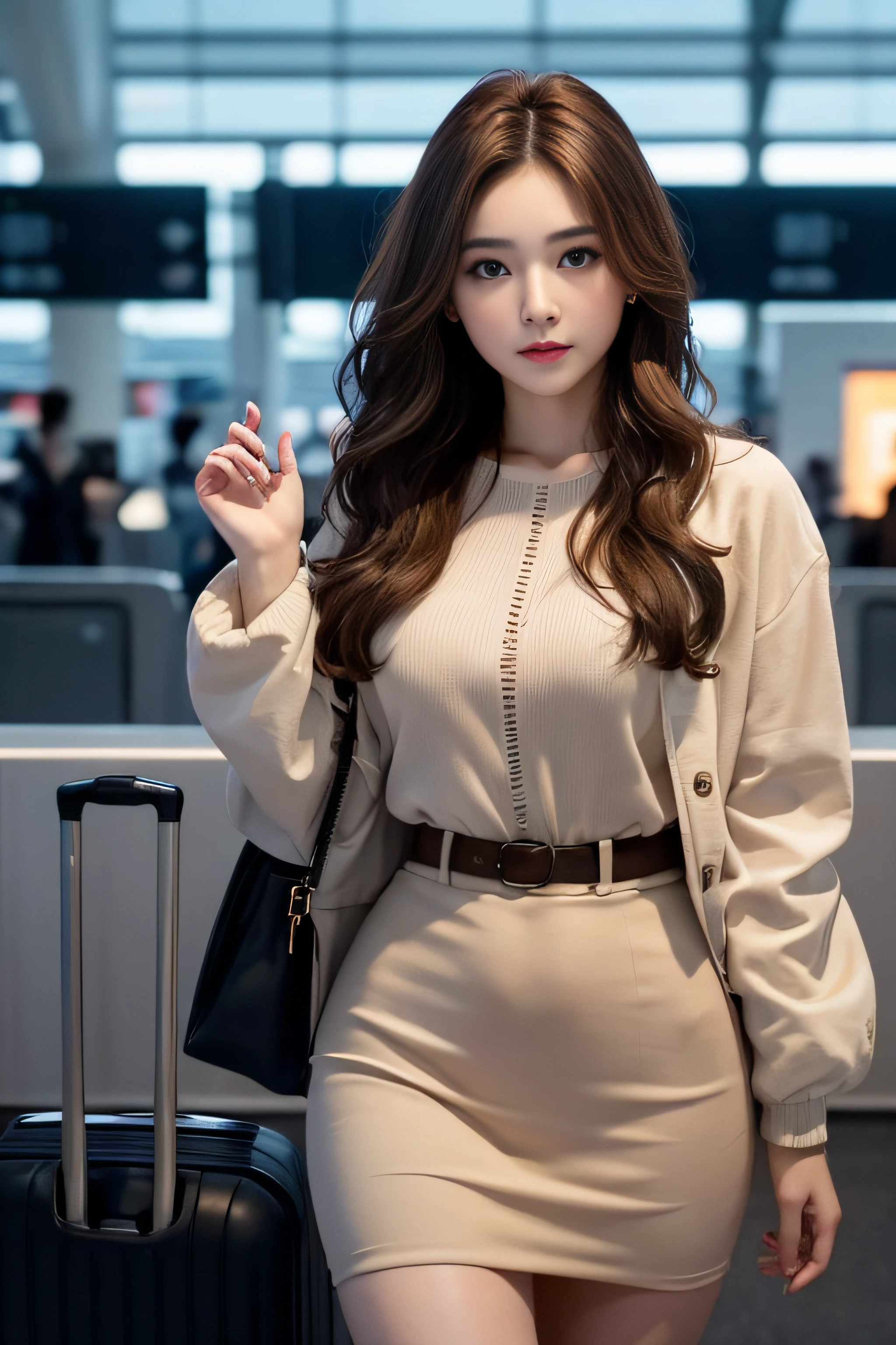 1womanl、Early 20s、(Strong-willed super beautiful woman)、(ultra beautiful faces)、is standing、Wearing makeup、Wavy brown hair、(Airport at night:1.1)、Large windows at the departure gate、(Airplane from background window:1.1)、Shallow depth of field
