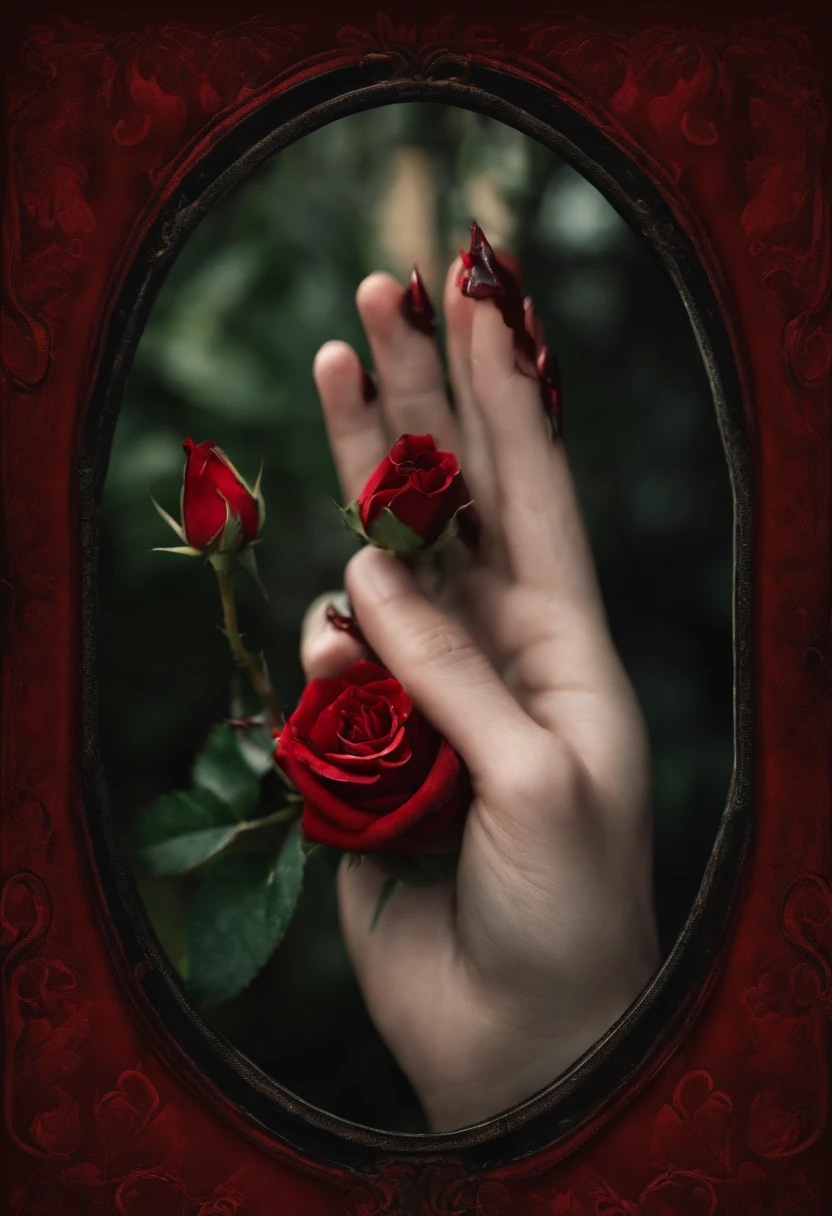 thorns of a rose piercing a bleeding hand, garden background, focus on the hand, blood, vibrant red and green colors