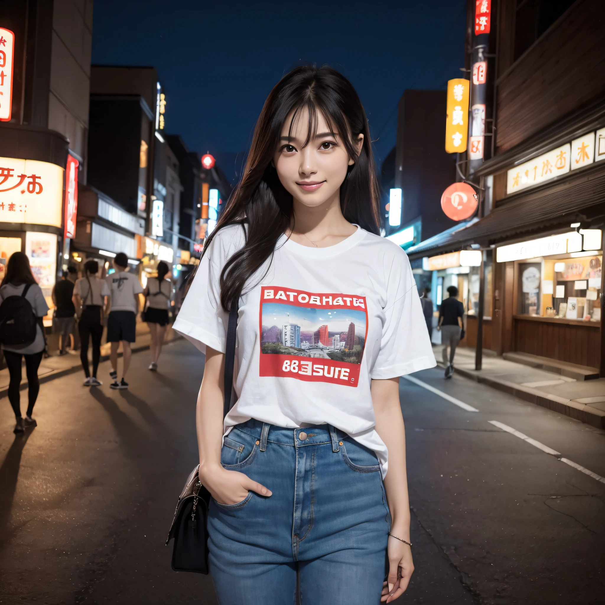 One beauty、((best qualtiy、8k masterpieces:1.3))、foco nítido:1.2、(ultra beautiful faces:1.0)、(shinny skin:1.0)、photos realistic、A dark-haired、Video Lighting、High-definition eyes and face、Video Lighting、25-year-old Japan actress、from the front side、medium breasts、Smile、Slender Abs Beauty、Whole body、Wearing a Japan T-shirt、In the downtown area at night