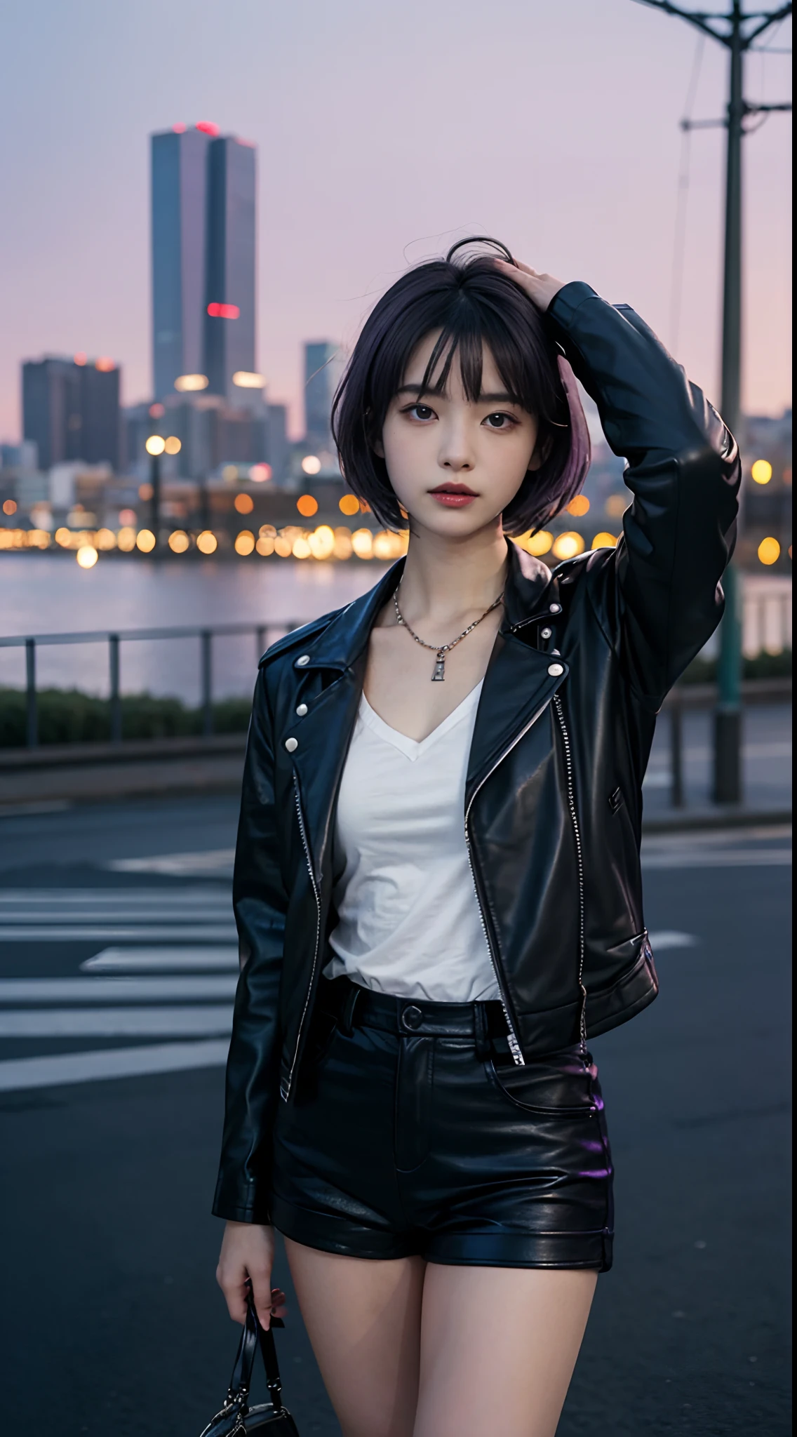 (1girll:1.3),Solo,__body parts__, offcial art, 8k unit wallpaper, Ultra detailed, closeup of face, Beautiful and aesthetic, Gorgeous, Masterpiece, Best quality, Fantastic atmosphere, Calming Palette, Quiet mood, Soft Shading, Priestess Miko, Glamour spell, Family talisman, Priestess duties, dark aesthetic, Suits and ties,Black leather shorts,There are many chains and black leather jackets around the body, tokyo city in the background, (Short messy purple hair),