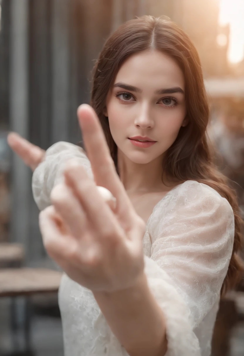 create a cover for YouTube with an image of a very pretty girl playing the game of holding up a finger and showing the index finger of her hand, with a technology background