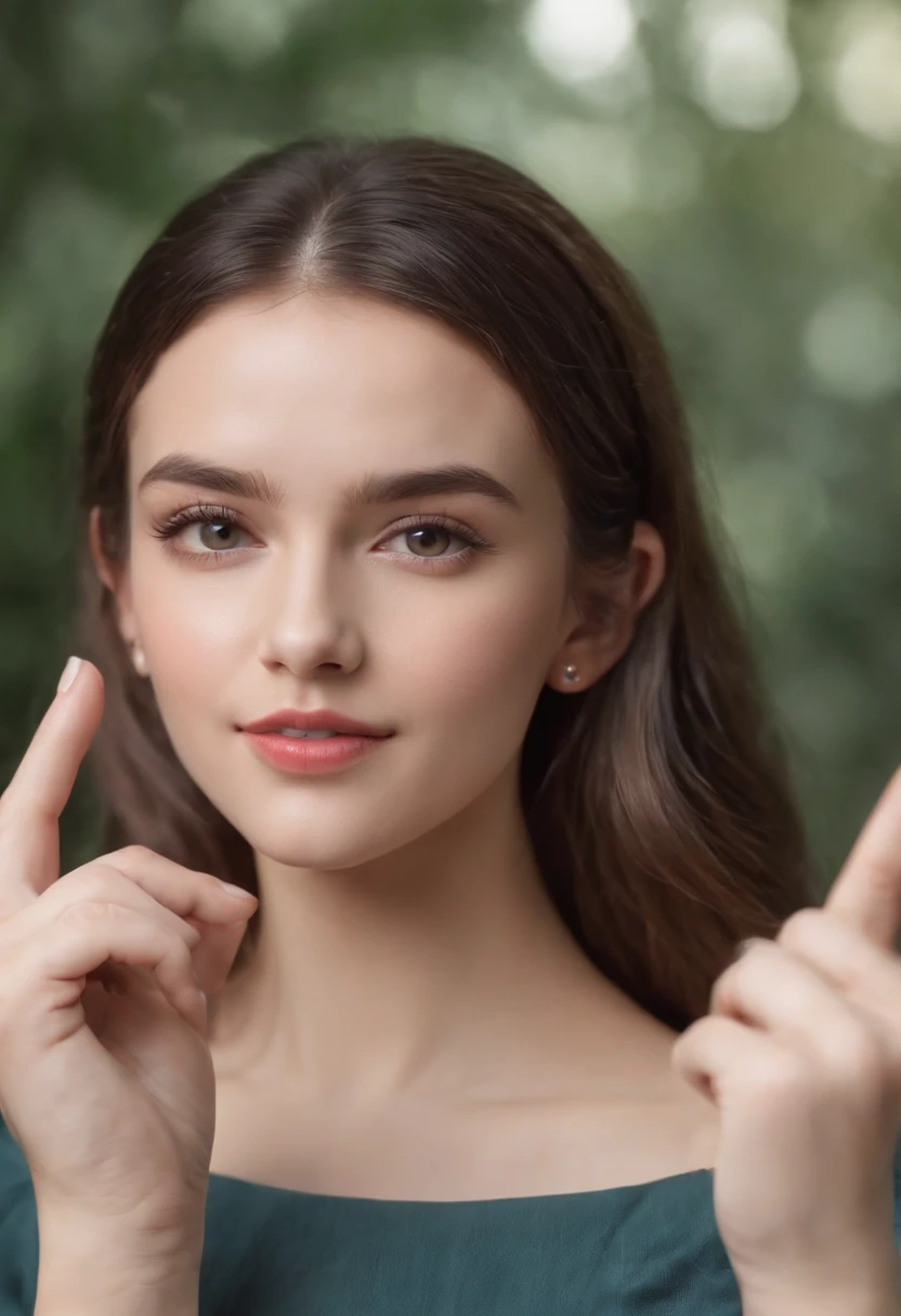 create a cover for YouTube with an image of a very pretty girl playing the game of holding up a finger and showing the index finger of her hand, with a technology background