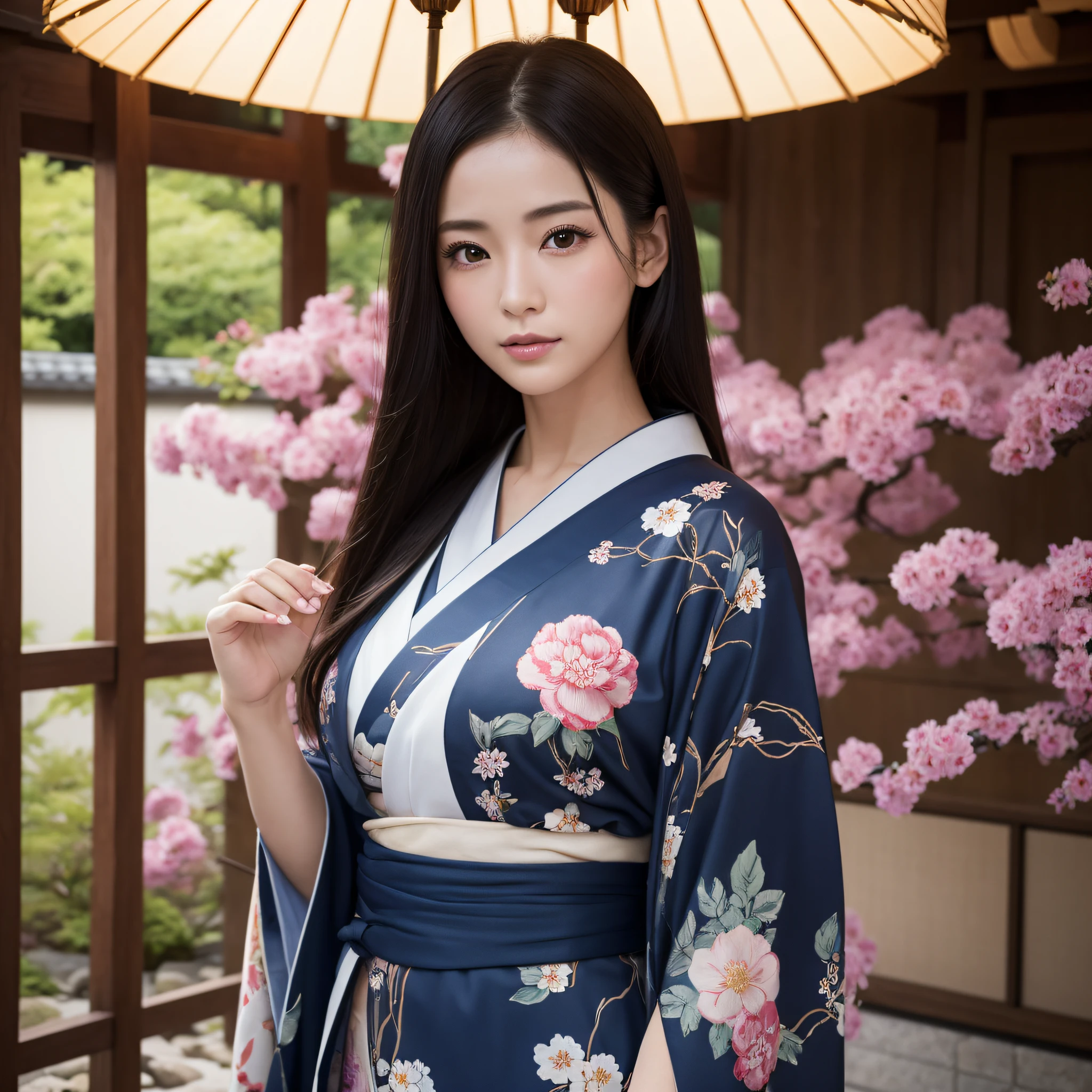 (Woman in kimono)、((best qualtiy、8k masterpieces:1.3))、foco nítido:1.2、(ultra beautiful faces:1.0)、(shinny skin:1.0)、photos realistic、A dark-haired、Video Lighting、High-definition eyes and face、Video Lighting、25-year-old Japan actress、from the front side、medium breasts、Looks fun、Slender Abs Beauty、Whole body、wearing kimonos、in japanese garden
